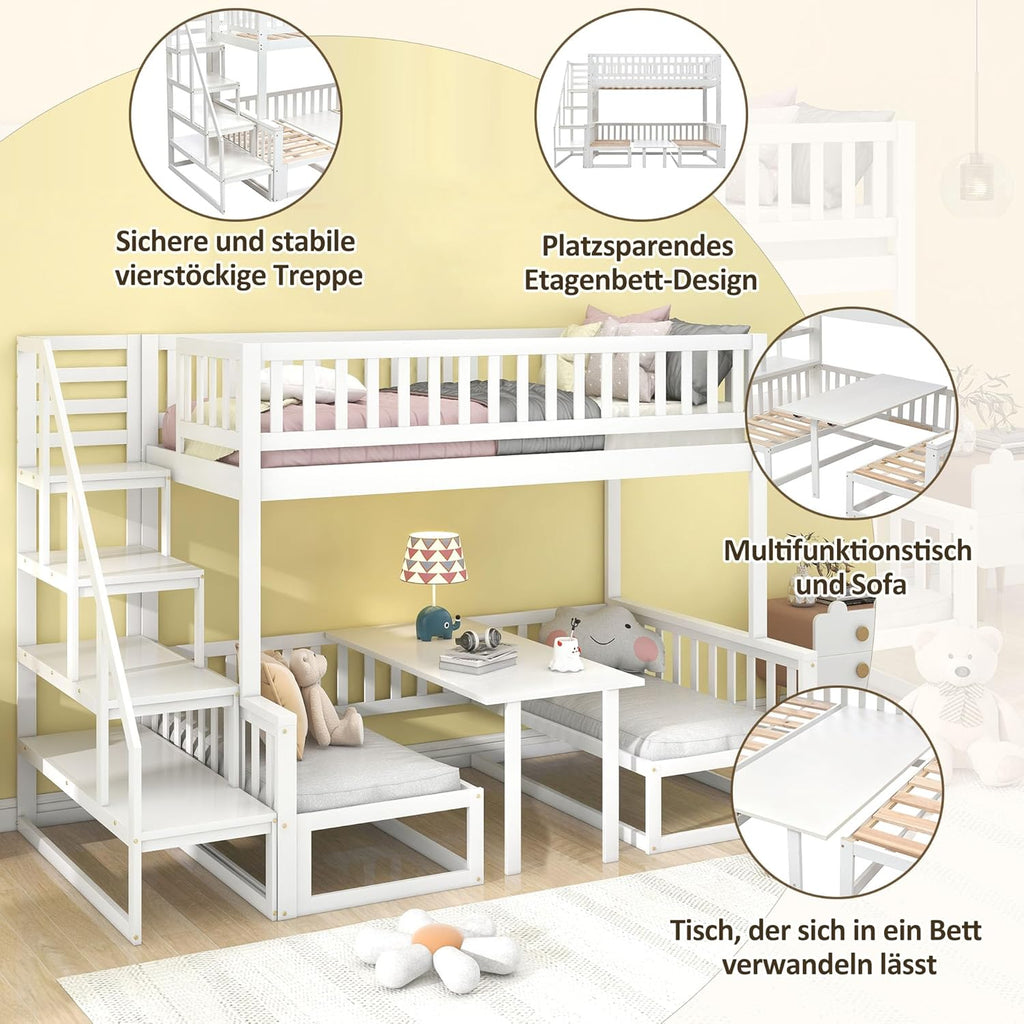Litera infantil que ahorra espacio, cama alta con escritorio flexible y sofá de madera, cama para niños con escalera y protección anticaídas, 90x200cm + 120x200cm, cama funcional tipo litera, cama alta juvenil, blanco