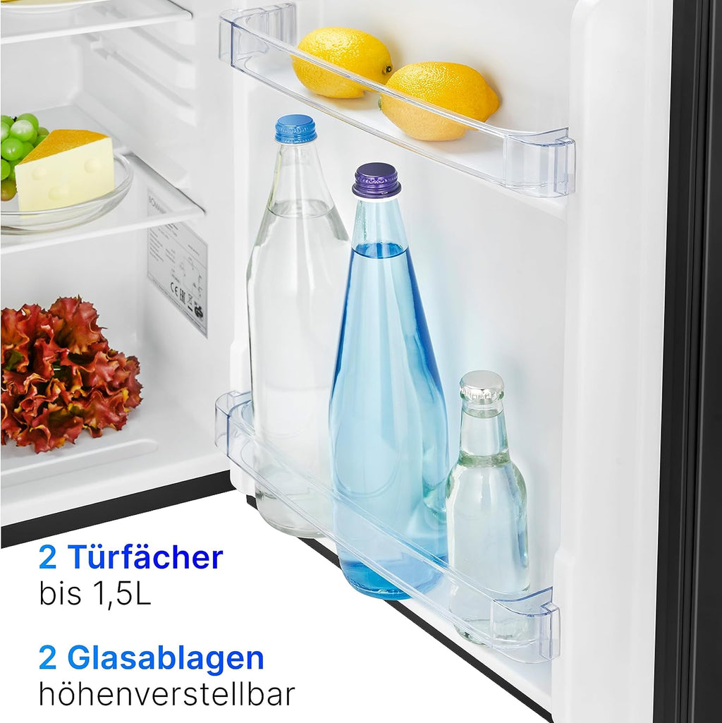 Mininevera Bomann con 58 litros de capacidad útil | Frigorífico pequeño con 2 estantes de cristal extraíbles | Minibar con regulación de temperatura continua y sentido de apertura de puerta reversible | KB 7347 negro