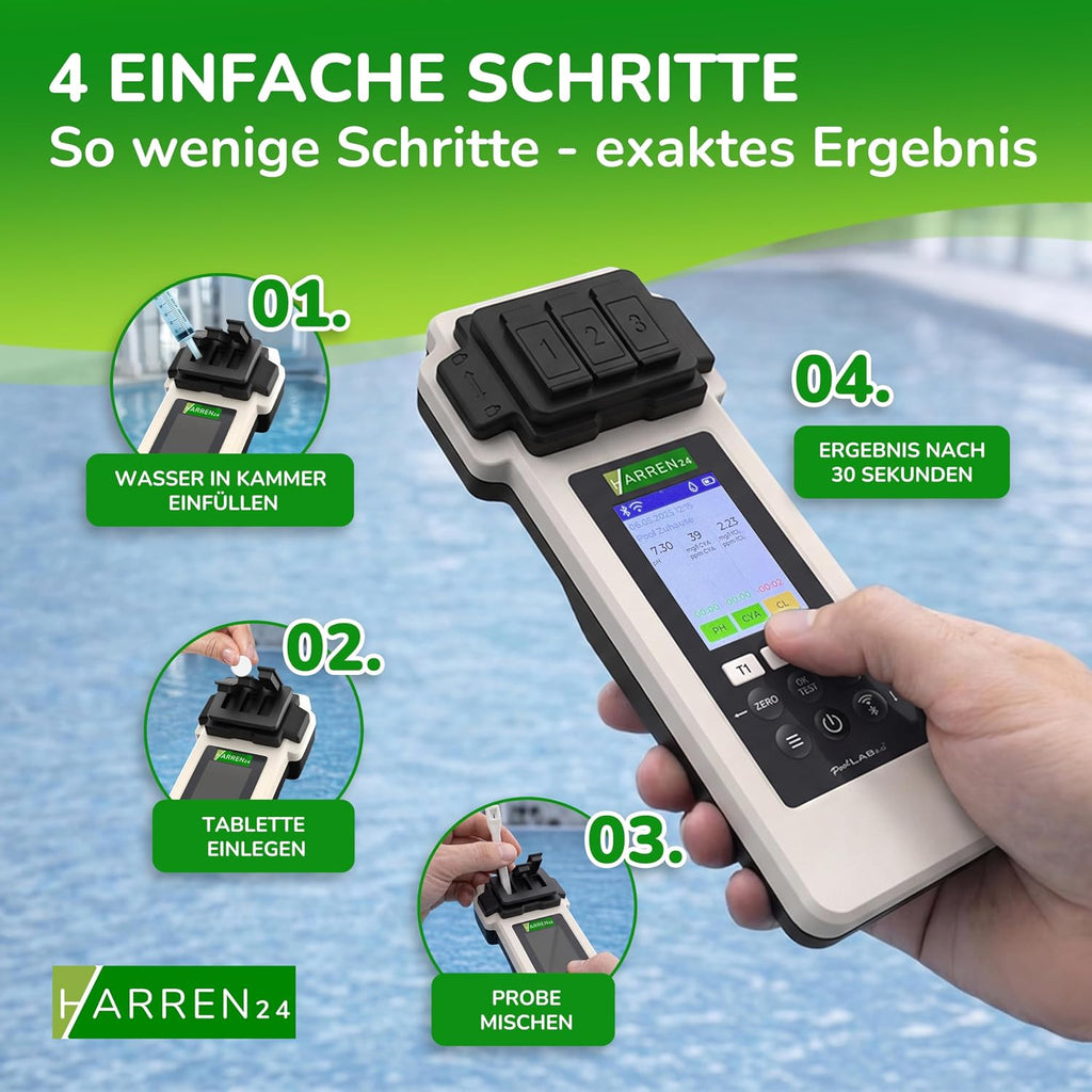 Poollab 2.0 Edición Especial, comprobador electrónico de piscinas (fotómetro), medidor de agua de piscina, 170 tabletas de prueba para cloro, valor de pH, rojo fenol, accesorios para piscinas (con DPD1, DPD3, pH, CYA, AlkalM)
