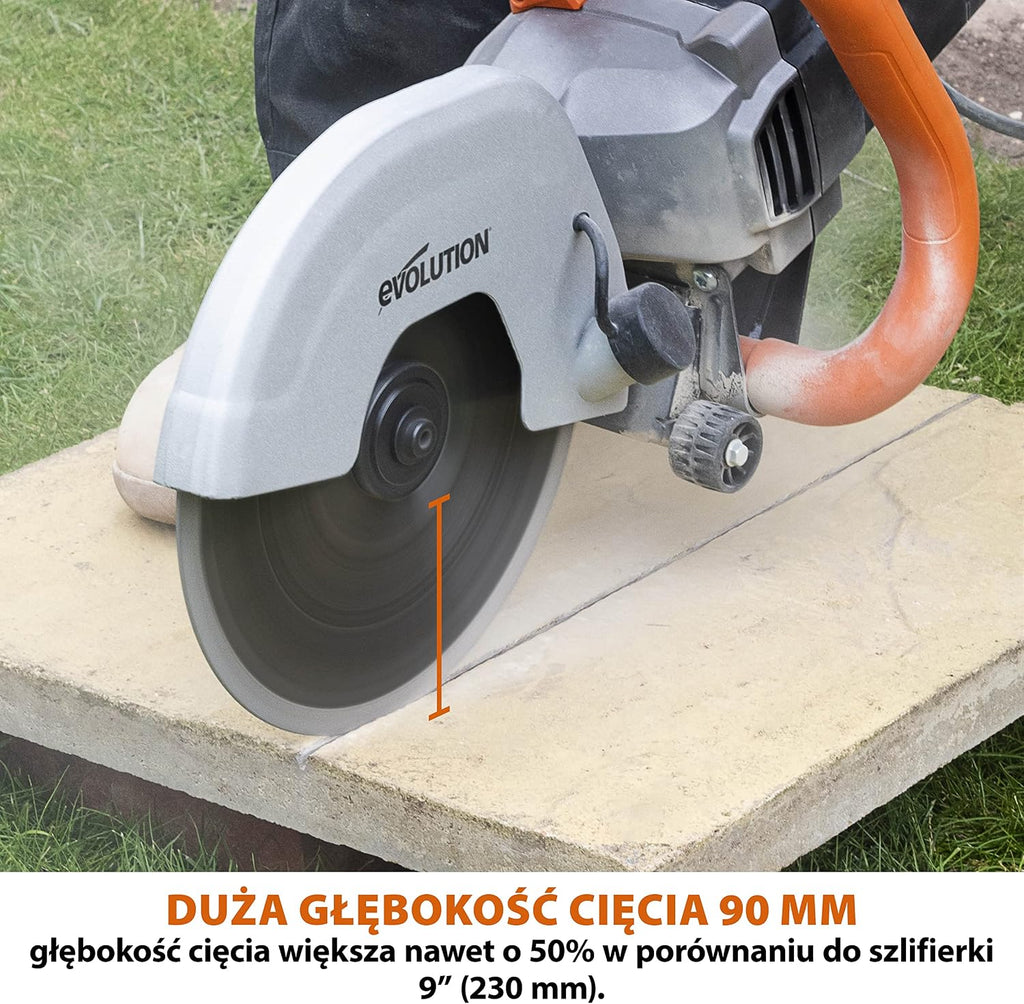 Evolution Power Tools Elektryczna przecinarka tarczowa i pilarka do betonu R230DCT z tarczą diamentową 230 mm (9”) do cięcia kamienia i metalu