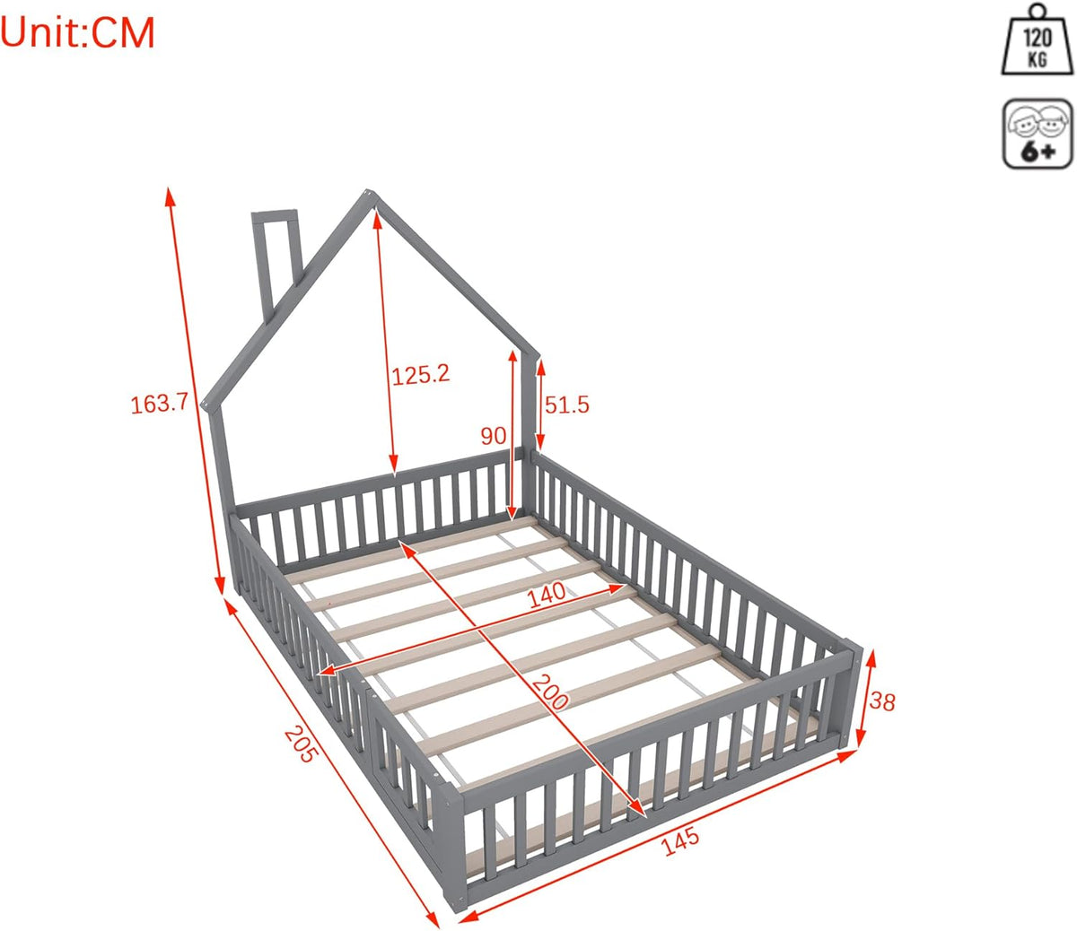 Cama infantil al suelo Merax 140x200 cm, cama casita con protección anticaídas y somier, forma de chimenea, valla abatible - Cama Montessori, cama juvenil, estructura de cama de madera (sin colchón), gris