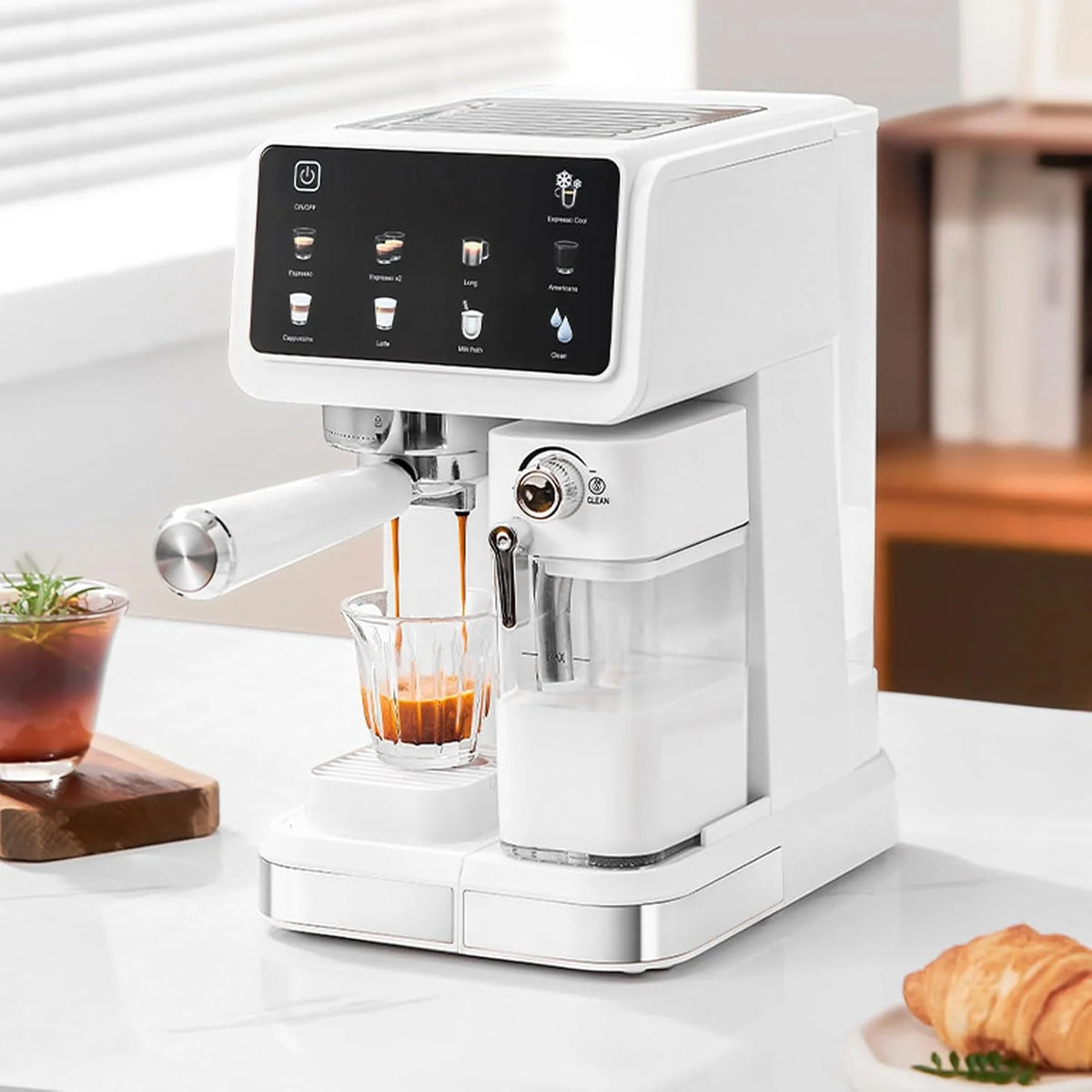 Greensen Kompaktowa Ekspres do Kawy, 20Bar Profesjonalne Ciśnienie z 6 Predefiniowanymi Trybami na Cappuccino Latte, Zbiornik na Wodę 1,5L Zbiornik na Mleko 500mL, Półautomatyczny Panel (wtyczka UE)