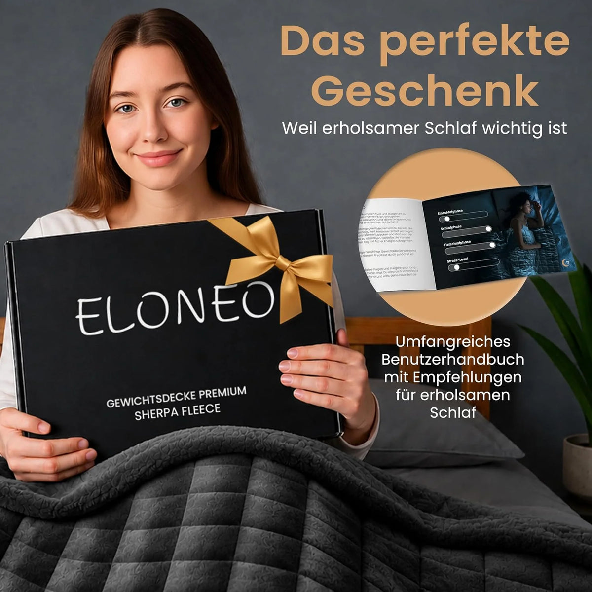 ELONEO koc obciążeniowy Sherpa Fleece 200x200 cm z 11 kg, certyfikowany Oeko-Tex, koc obciążeniowy, koc relaksacyjny i koc przeciwstresowy, czarny