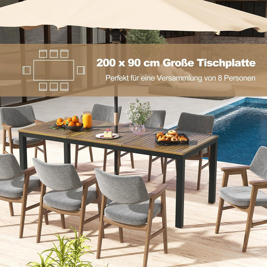 Mesa de jardín COSTWAY con orificio para sombrilla, 200x90 cm, mesa de terraza grande para 8 personas, mesa de balcón rectangular con tablero de madera de acacia, mesa de comedor al aire libre para jardín, terraza