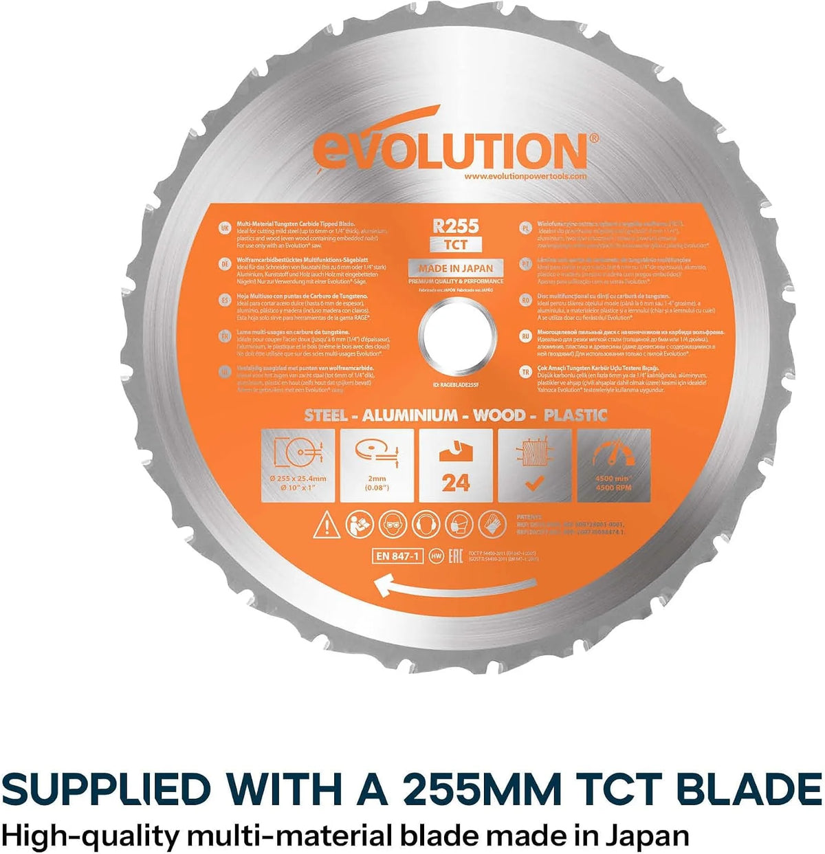 Evolution Power Tools, piła stołowa R255MTS, wielomateriałowa, wszechstronna i przenośna, tnie drewno, metal, plastik i wiele innych materiałów, piła warsztatowa, tarcza TCT 255 mm