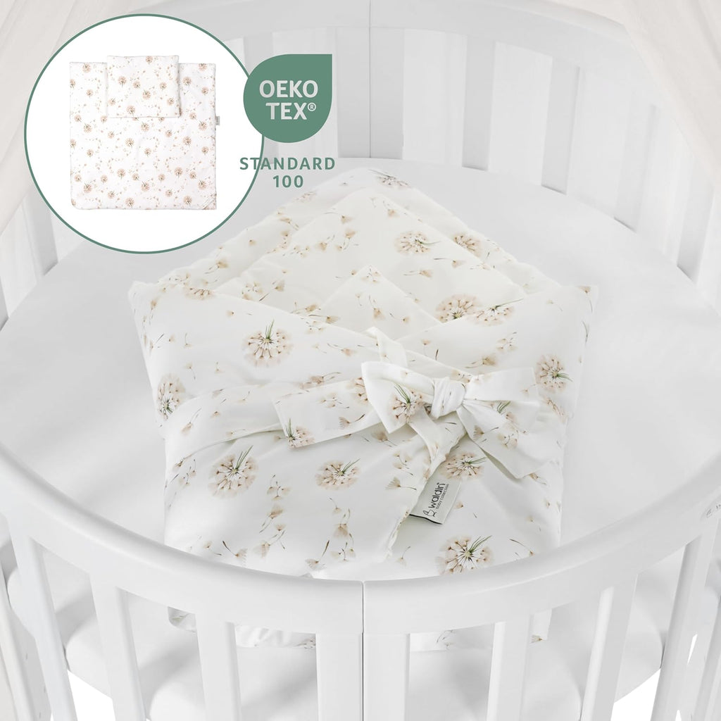 Cuna ovalada evolutiva Waldin, set completo 7 en 1, cuna de barrotes, cama infantil con colchón, cambiador, cuna colecho, madera blanca