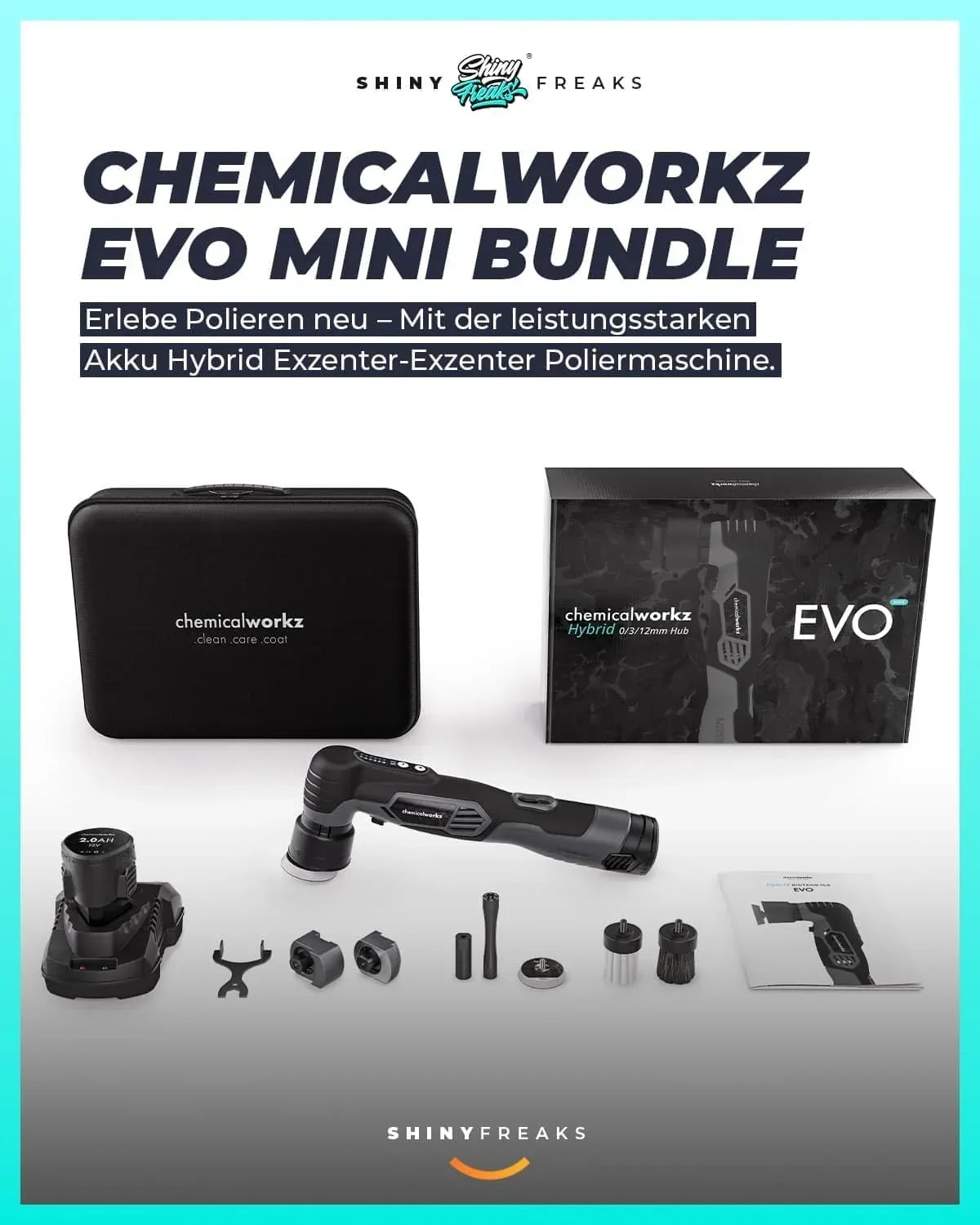 Pulidora inalámbrica EVO Mini, juego de 25 piezas, excéntrica y rotativa con baterías, adaptadores, platos de apoyo, almohadillas y accesorios