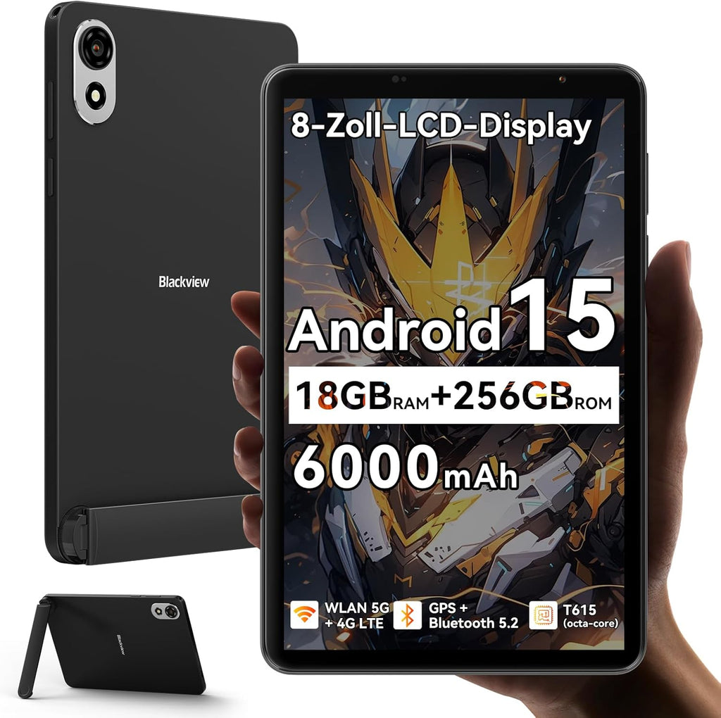 Tableta Blackview ZENO 1 de 8 pulgadas, Android 15, 90Hz, 800x1280 - Ultraligera y compacta para juegos, chip IA de 8 núcleos T615, 18GB RAM + 256GB ROM (2TB TF) / 4G LTE + WiFi 5G / Reconocimiento facial / 6000mAh / 8MP + 8MP / Widevine L1 / BT5.2 / GMS