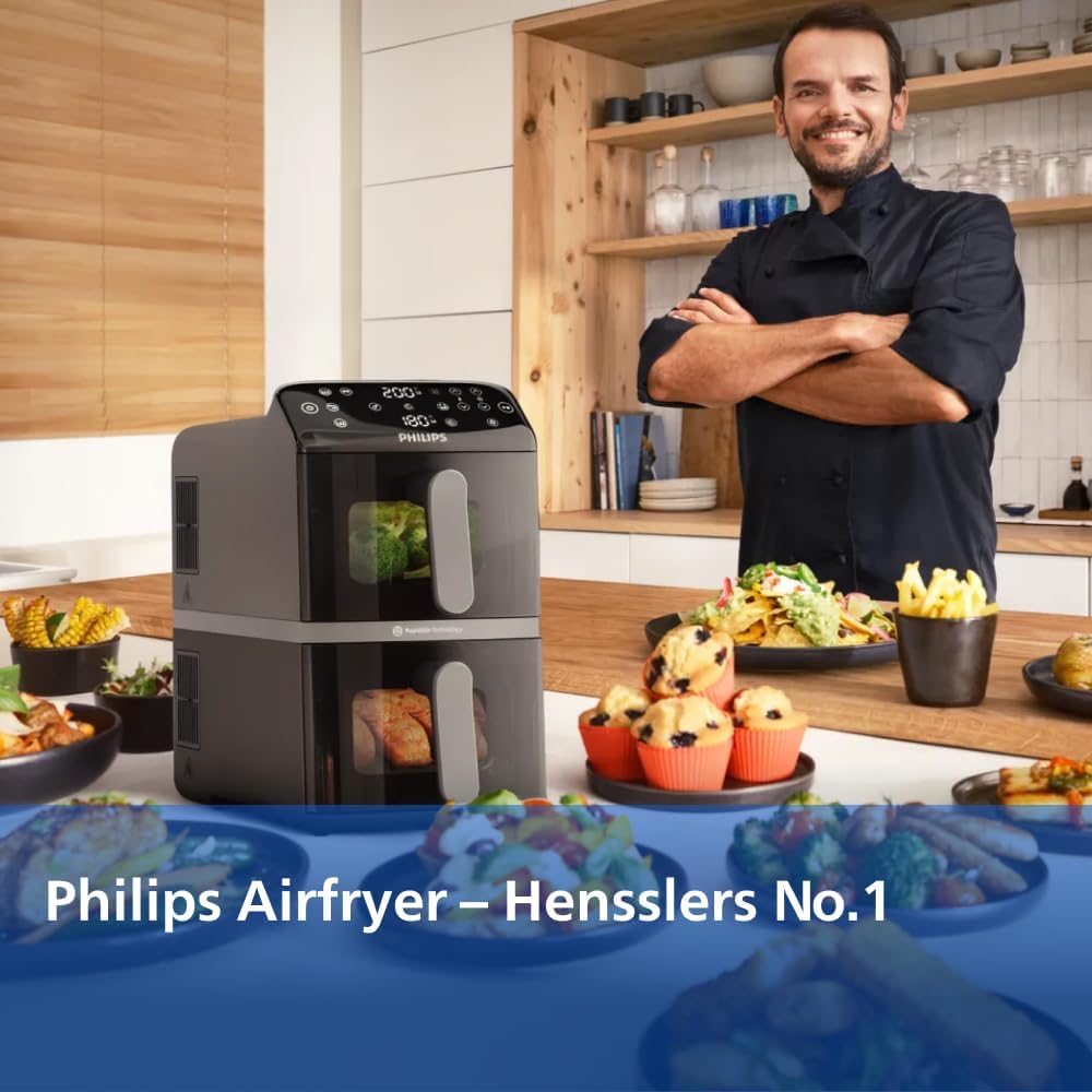 Philips Airfryer Serie 4000 de doble cesta apilada, freidora de aire de 2 compartimentos, 10 l, tecnología RapidAir, 45 % menos de espacio, revestimiento cerámico libre de PFAS, ventana de visualización (NA460/00)