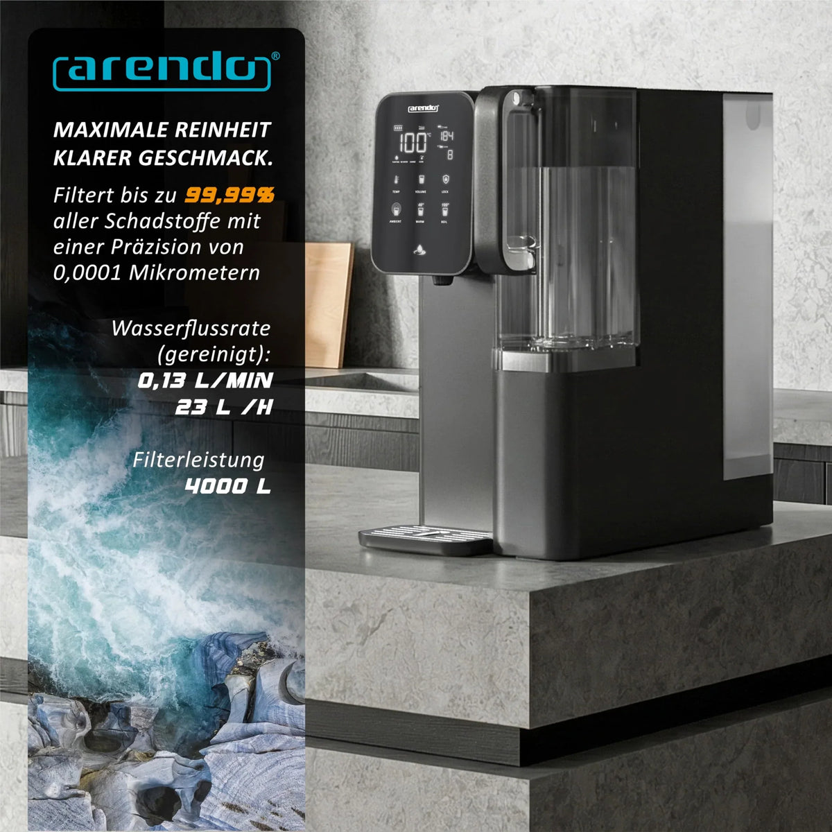 Sistema de ósmosis inversa Arendo, agua 99,99% pura, filtro de 7 etapas (5+2), sin instalación, dispensador de agua caliente de 40 a 100 °C, TDS