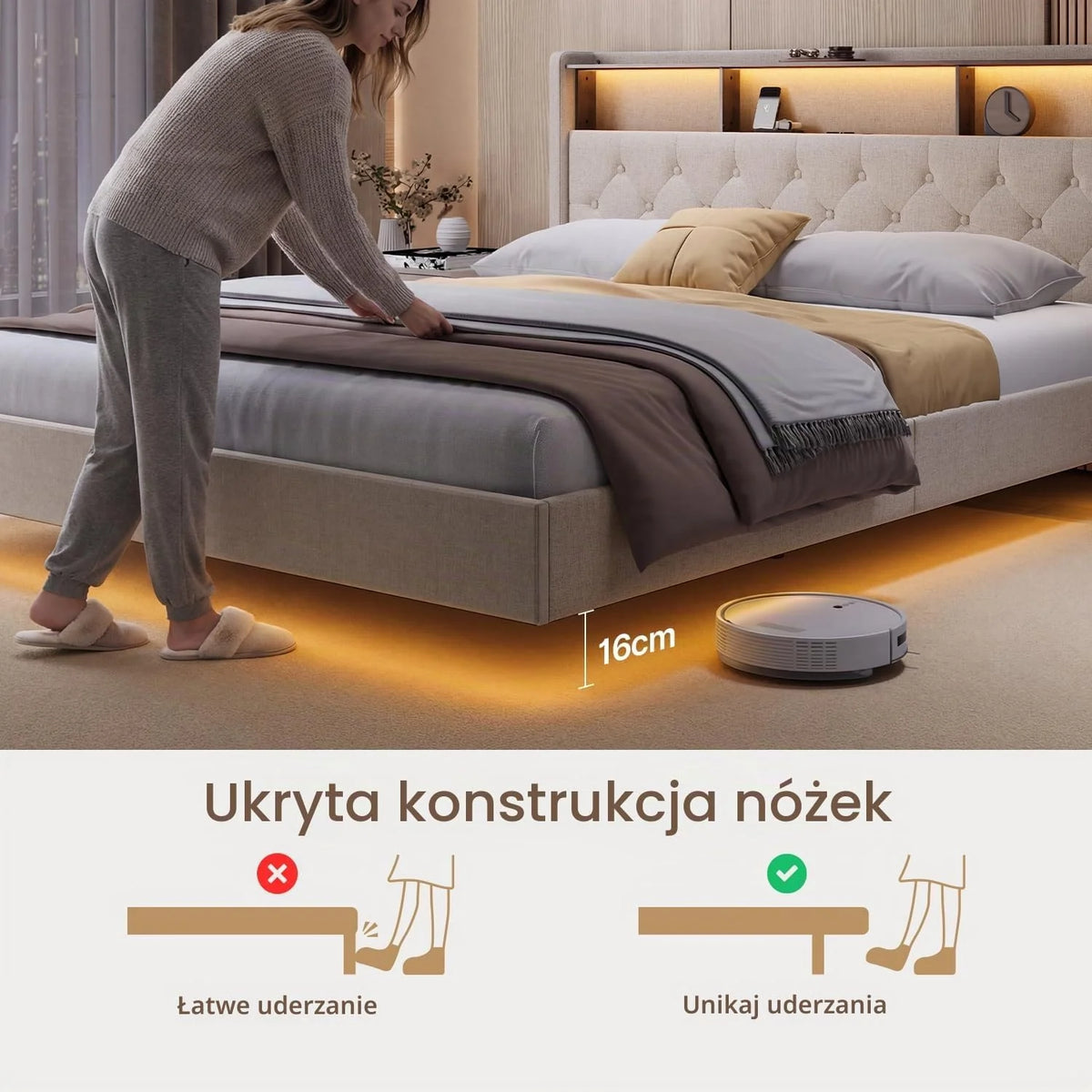 Xbro Łóżko tapicerowane 160 x 200 cm z oświetleniem LED i stacją ładującą (USB/gniazdko), pływający wygląd, tapicerowany zagłówek ze schowkiem, stelaż listewkowy, beżowe (bez materaca)