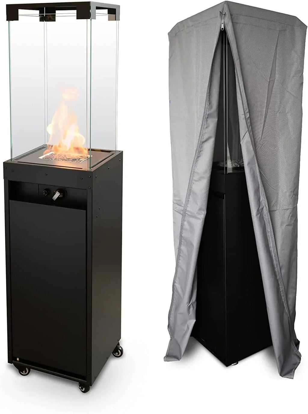 Calefactor de terraza Planika Faro, propano, negro, 8 kW, portátil, de pie, con funda para exteriores, 36x36x150 cm
