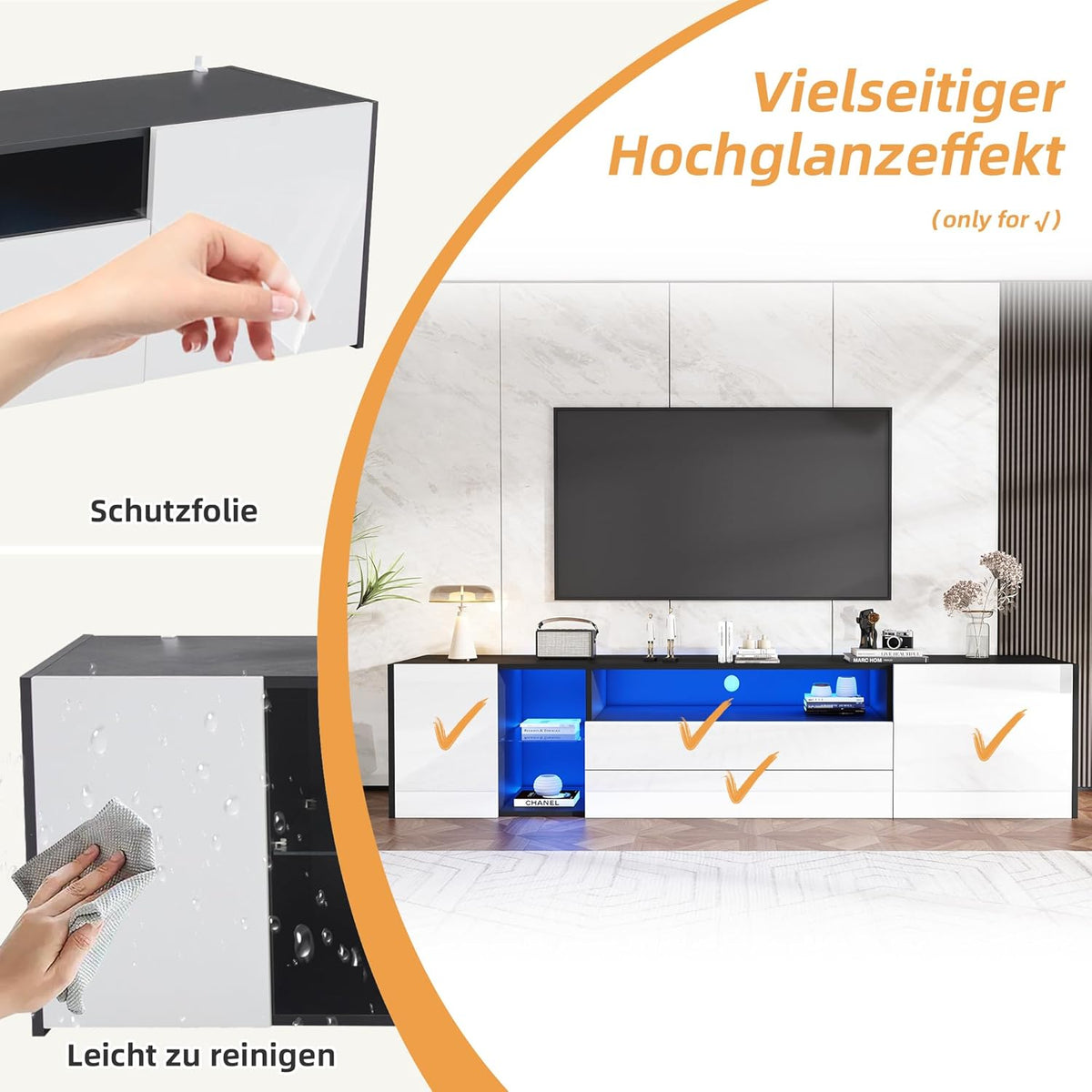 Mueble de TV Merax con LED, mueble para televisión de alto brillo con 2 puertas y 2 cajones, soporte para televisores de hasta 75 pulgadas, mueble bajo para salón, dormitorio, comedor, 180 cm, blanco y negro