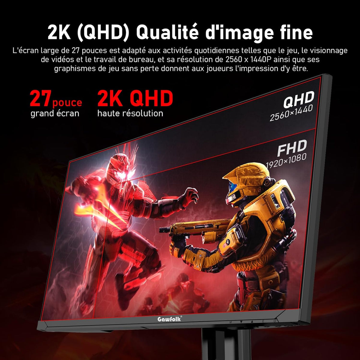Monitor para PC Gawfolk IPS de 27 pulgadas, 2K WQHD (2560×1440P), monitor gaming de 180Hz, 1ms, sin bordes, 100% sRGB, gran angular de 178°, HDMI, DisplayPort, compatible con soportes de pared VESA 75x75mm - Negro