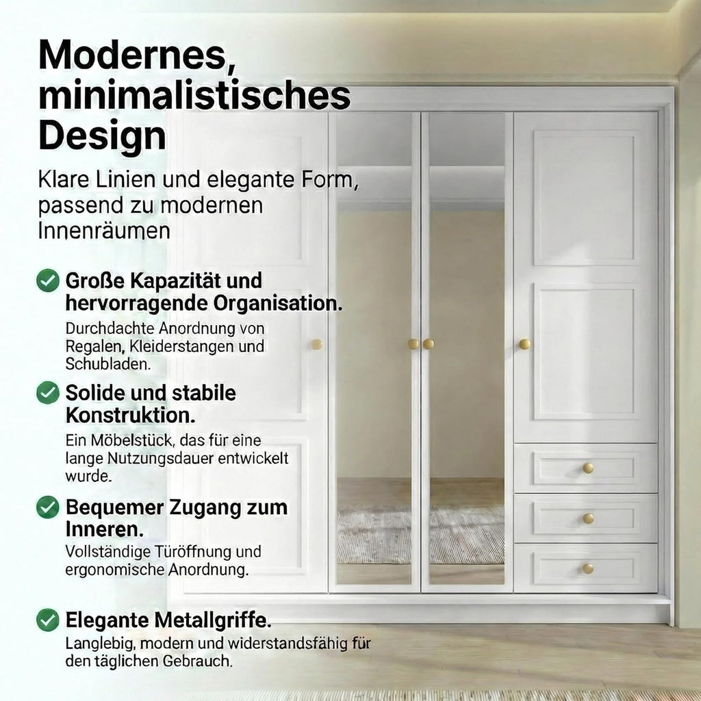 Armario de 4 puertas A und J MöbelLand Oslo con 3 cajones - 200 x 215 cm - Armario de puertas batientes con barra para colgar ropa y estantes, diseño moderno con tiradores de metal