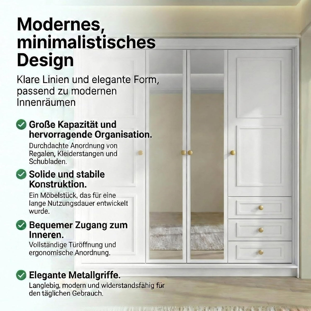 Armario de 4 puertas A und J MöbelLand Oslo con 3 cajones - 200 x 215 cm - Armario de puertas batientes con barra para colgar ropa y estantes, diseño moderno con tiradores de metal