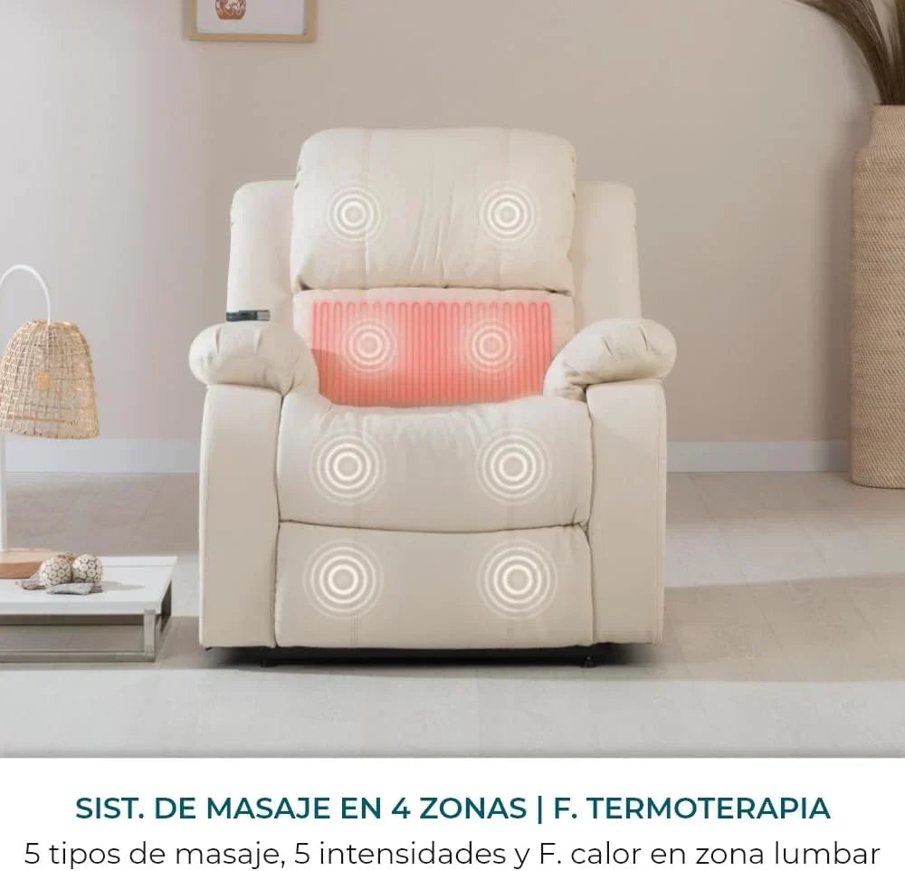 Don Descanso - Sillón Relax Masaje Calor Trevi Negro Reclinable 160º con 8 Motores Silenciosos, Calor Lumbar, Sistema de Masaje de 4 Zonas y Acabado en PU Anti-Cuarteo [Incluye Mando]. Ideal para Personas Mayores