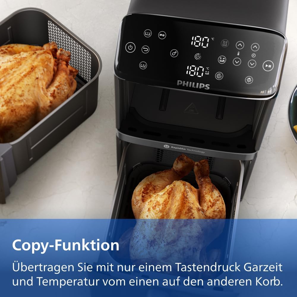 Philips Airfryer Serie 4000 de doble cesta apilada, freidora de aire de 2 compartimentos, 10 l, tecnología RapidAir, 45 % menos de espacio, revestimiento cerámico libre de PFAS, ventana de visualización (NA460/00)