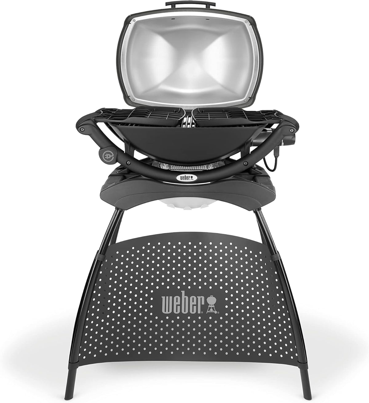 Barbacoa eléctrica Weber Q2400 con soporte y mesas laterales, superficie de cocción de 54 x 39 cm, portátil, parrilla de cocción de hierro fundido vitrificado dividida en 2 partes, tapa y cuerpo de aluminio fundido - Gris oscuro (55020879)
