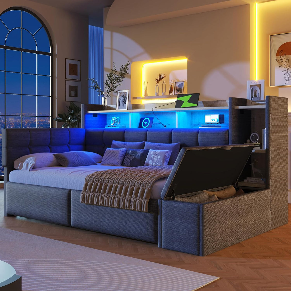 Cama nido, sofá cama, 90 × 190 cm, con dos cajones, puertos USB y tipo C, compartimento de almacenamiento, banco de almacenaje a los pies de la cama, tira de luz LED, sin colchón, terciopelo, gris oscuro