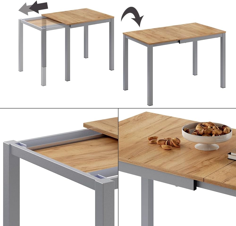 Mesa de comedor Vicco Granny, roble/gris, 120 x 70 cm extensible, con función de extensión para longitudes de mesa variables