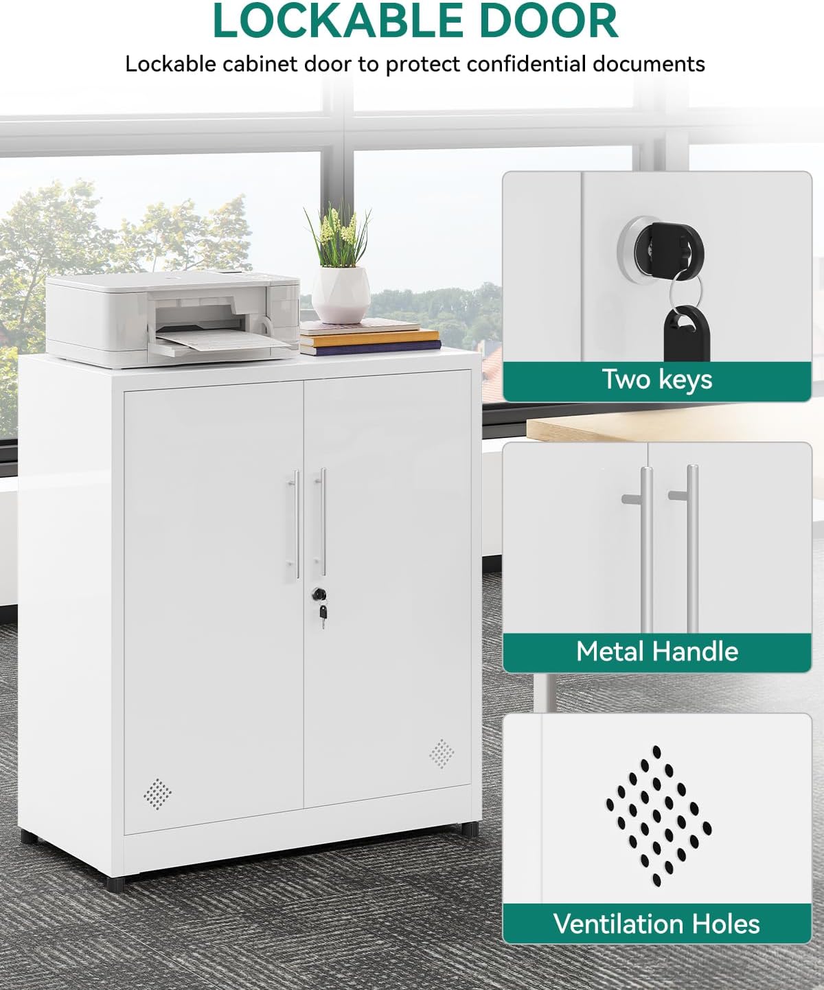 Armario de almacenamiento de 2 puertas YITAHOME, archivadores de metal con llave, armario de almacenamiento con 2 estantes ajustables, armario organizador de baño, archivadores para oficina en casa, blanco