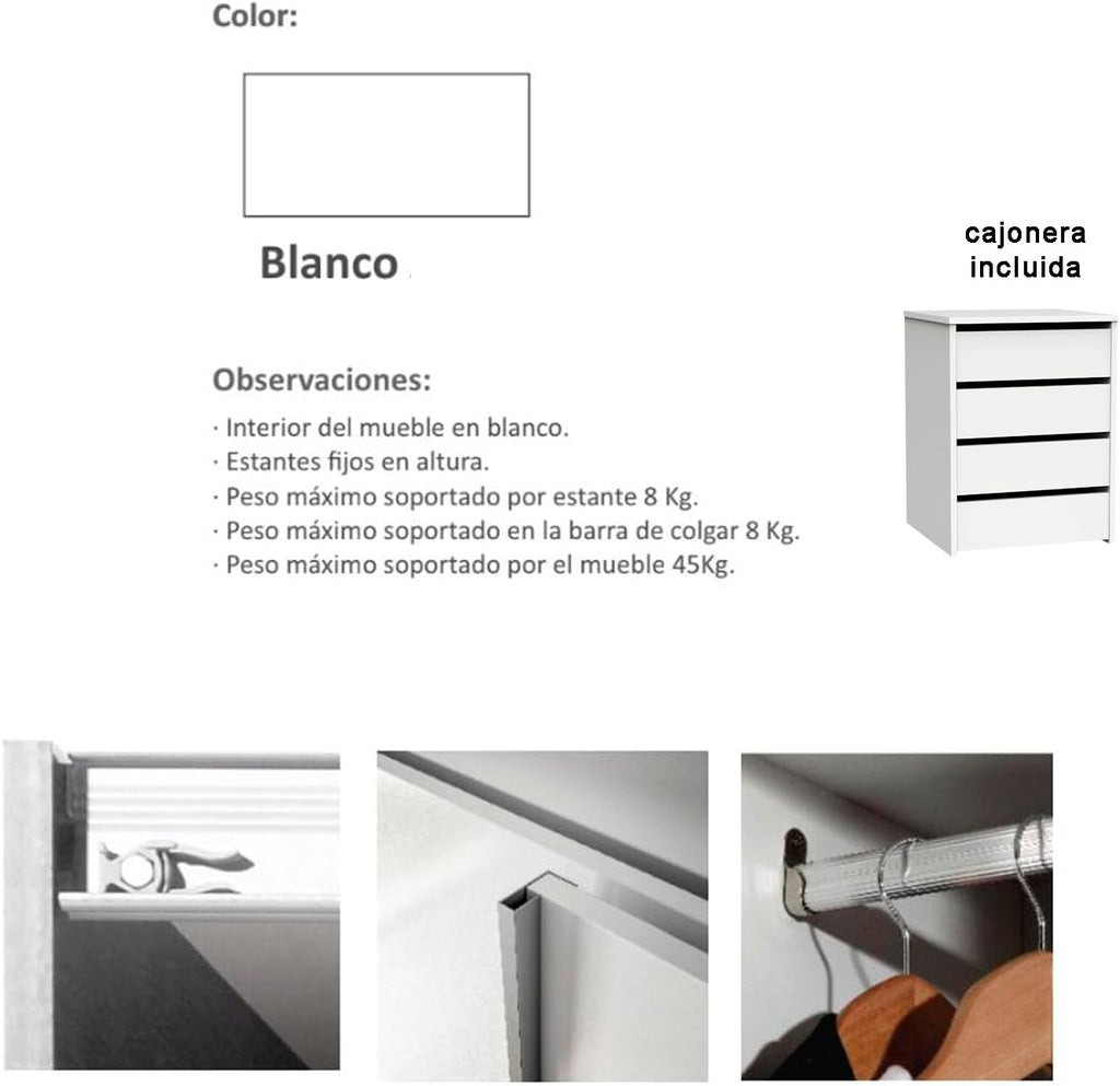 Armario de dormitorio con 4 cajones, ropero, 2 puertas correderas, color blanco