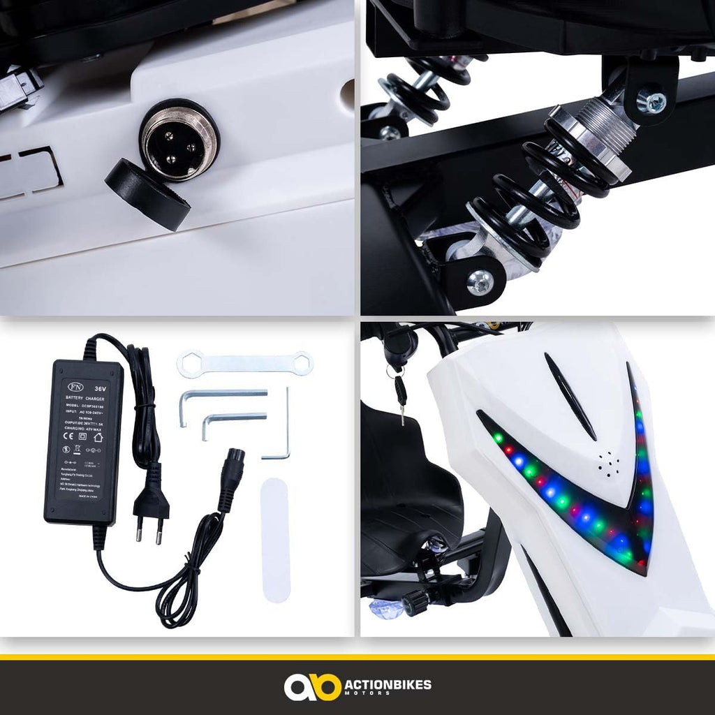 Actionbikes Motors Patinete Eléctrico Infantil para Derrapes | Motor de 𝟐𝟓𝟎 W - Carrito de Derrape 360° - 3 Niveles de Velocidad - Iluminación LED - Asiento Ajustable - Bluetooth - Kart de Derrape - Coche de Derrape (Space Purple)