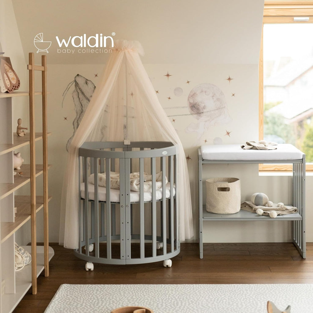 Cuna ovalada evolutiva Waldin, set completo 7 en 1, cuna de barrotes, cama infantil con colchón, cambiador, cuna colecho, madera blanca