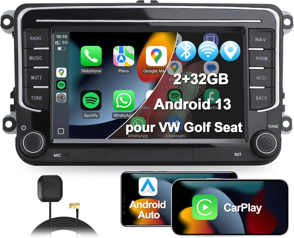 MRSXWPY Autorradio 2 DIN, Radio de coche de 7" para VW Golf, Passat, Seat, Touran, Skoda, CarPlay y Android Auto, Controles en el volante, Pantalla táctil y botones físicos, EQ, FM, Navegación GPS, MirrorLink