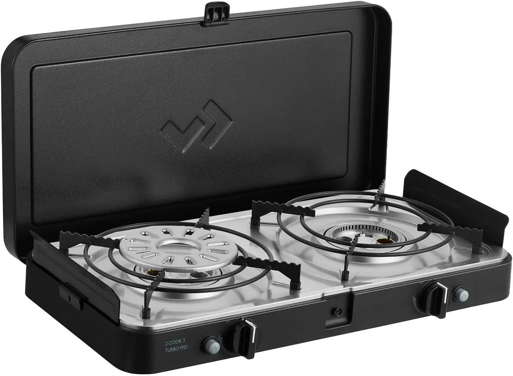 CADAC - 2 Cook 3 Turbo Deluxe y cúpula de parrilla universal - Barbacoa de gas de sobremesa con 2 quemadores y tapa de aluminio - Set de barbacoa para camping al aire libre con encendido piezoeléctrico y dispositivo de fallo de llama - 50mBar