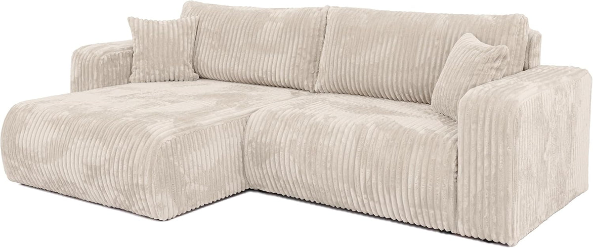 BROMARKT Sofá esquinero con función cama color crema, sofá en forma de L de tela de pana con arcón, sofá cama para salón con espacio de almacenamiento, sofá esquinero de 3 plazas, conjunto de salón 244x148x82 cm TILIO