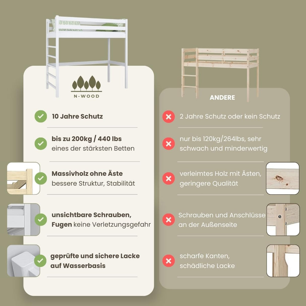 N01 Cama alta de madera 100x200 cm, litera con escalera, 2 lados de montaje de escalera: izquierda o derecha, bordes redondeados seguros, construcción estable de madera maciza, materiales de alta calidad, blanco