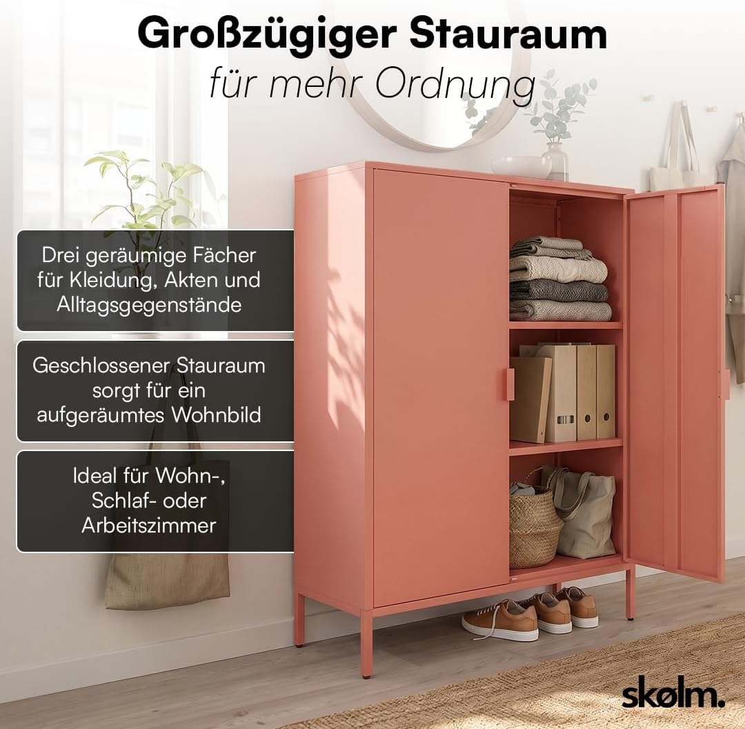 Cómoda de metal Ituri skølm – Armario de metal con 3 estantes ajustables – Aparador de salón color terracota – Armario de almacenamiento de acero – Mueble alto de diseño industrial – Armario de oficina/recibidor