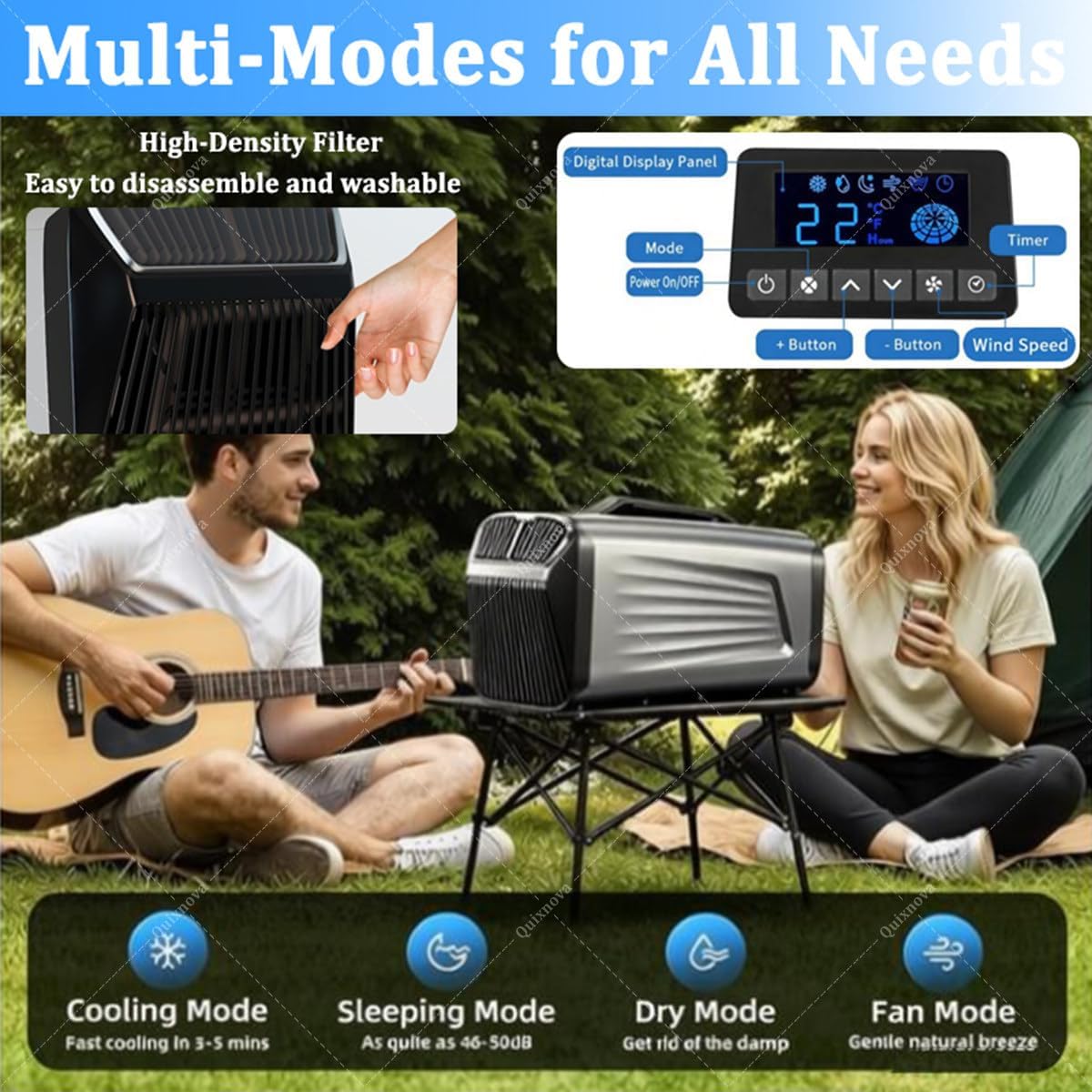 Aire acondicionado portátil para camping de 5200 BTU, unidad silenciosa 4 en 1 con mando a distancia, aire acondicionado móvil para tienda de campaña, caravana, coche, garaje, uso interior y exterior A-12V