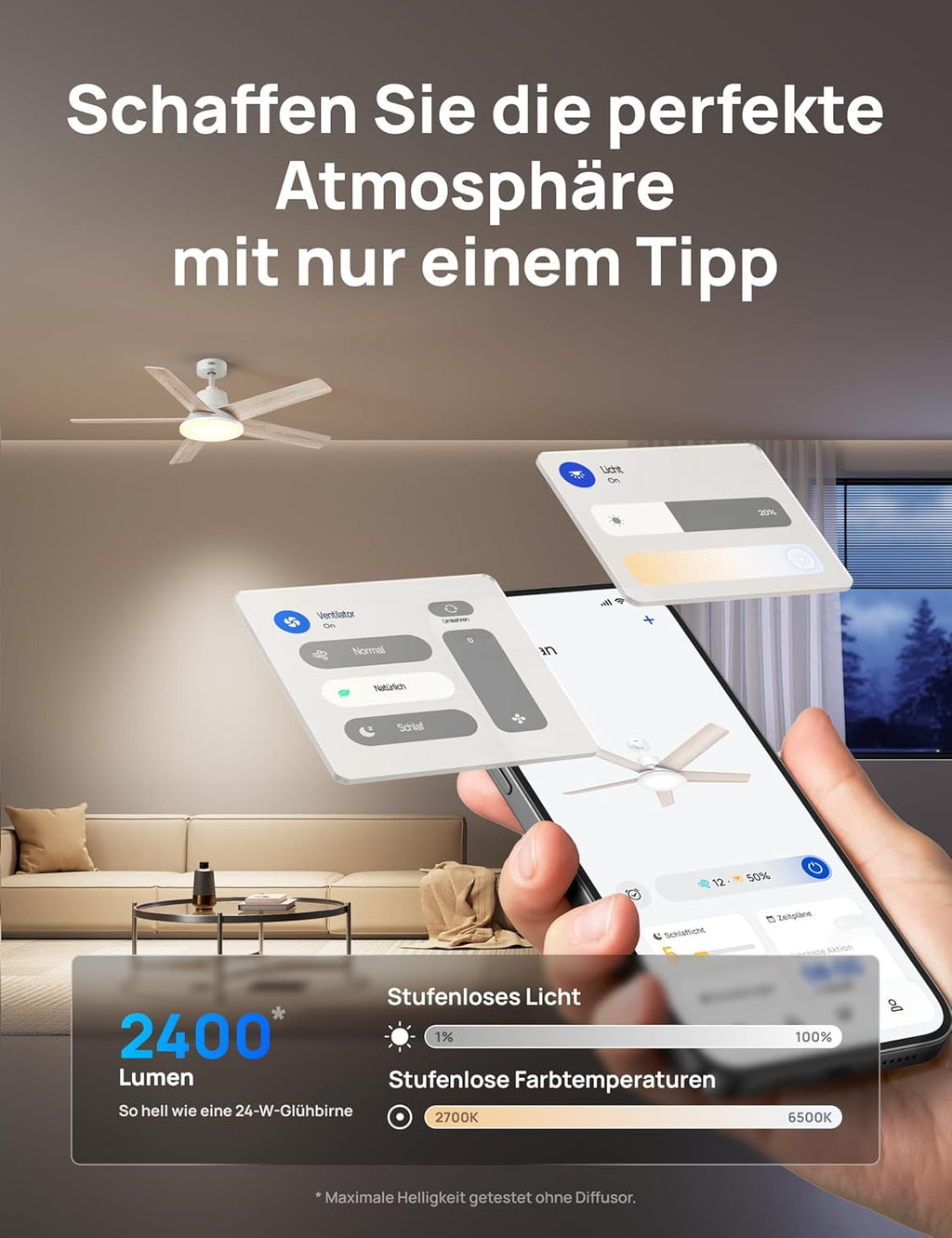 Ventilador de techo inteligente DREO con luz, 132 cm, 12 velocidades, 3 modos, iluminación LED de intensidad regulable, motor CC silencioso, temporizador de 12 horas, control remoto/APP/Alexa, para interiores, blanco