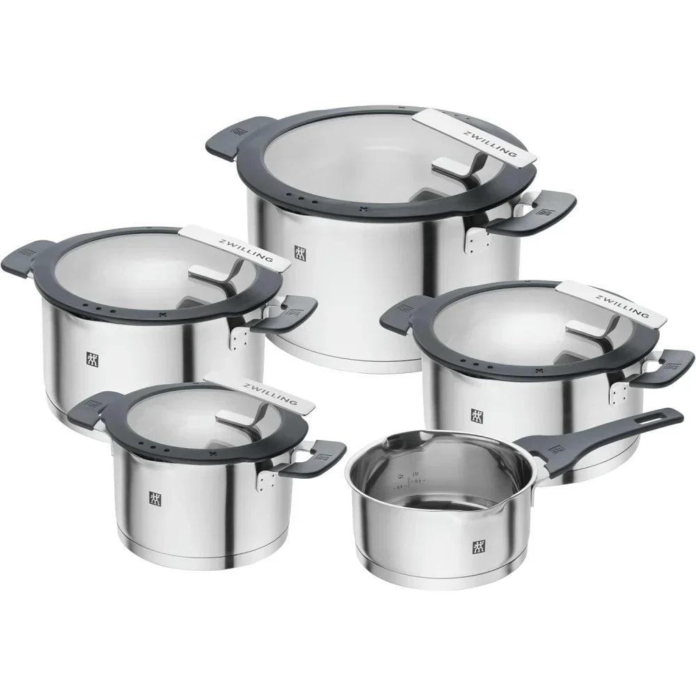 Juego de ollas de 5 piezas de acero inoxidable para inducción con tapa, colador integrado, función de vertido y asas Stay-Cool, gris, 1009150