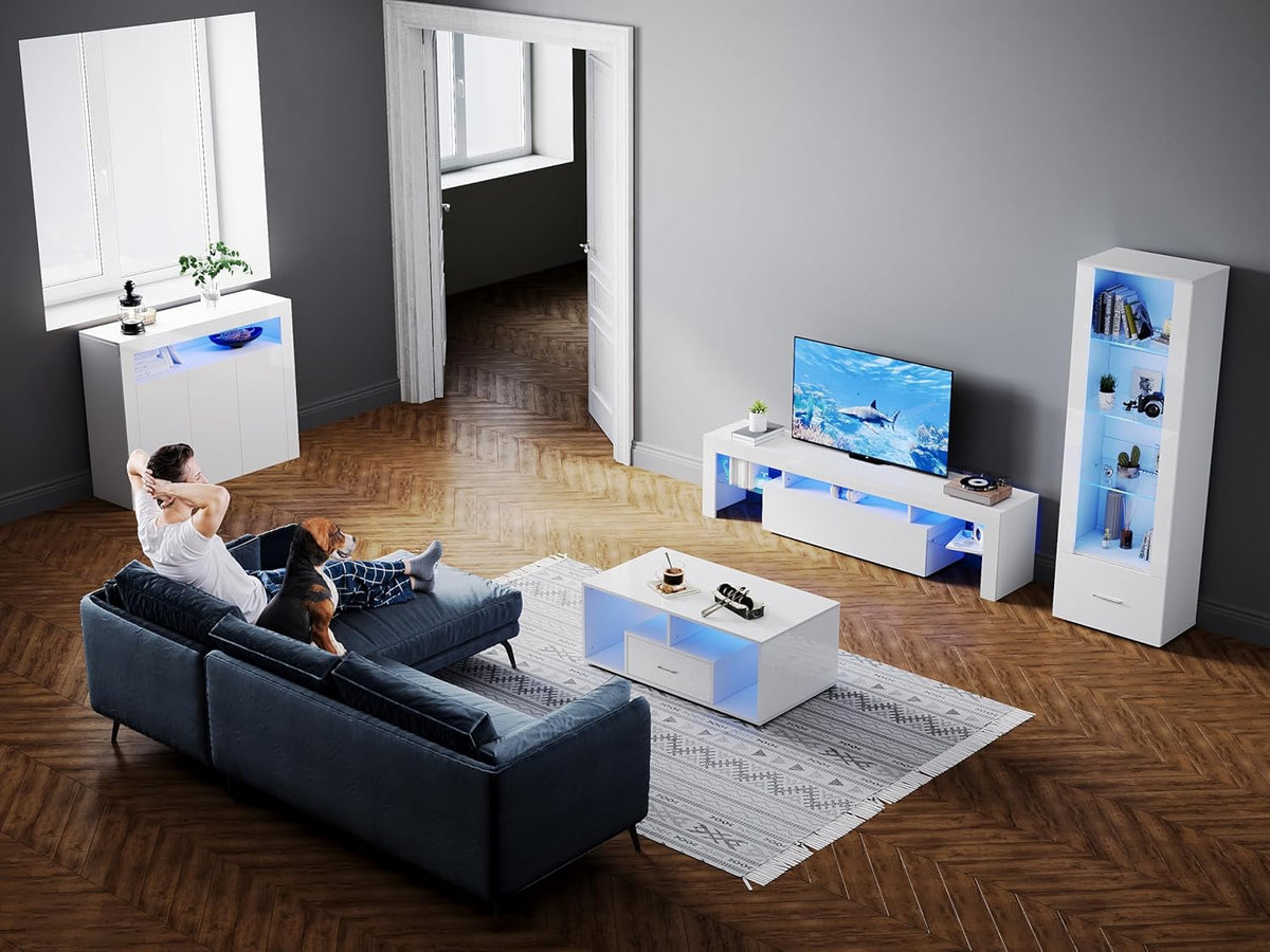 Mueble de TV moderno SONNI de 180 cm, mueble bajo en blanco brillante con iluminación LED de 16 colores, cajón, estantes de cristal abiertos, mesa de TV para televisores de hasta 65 pulgadas para salón y dormitorio, 180x35x45 cm.
