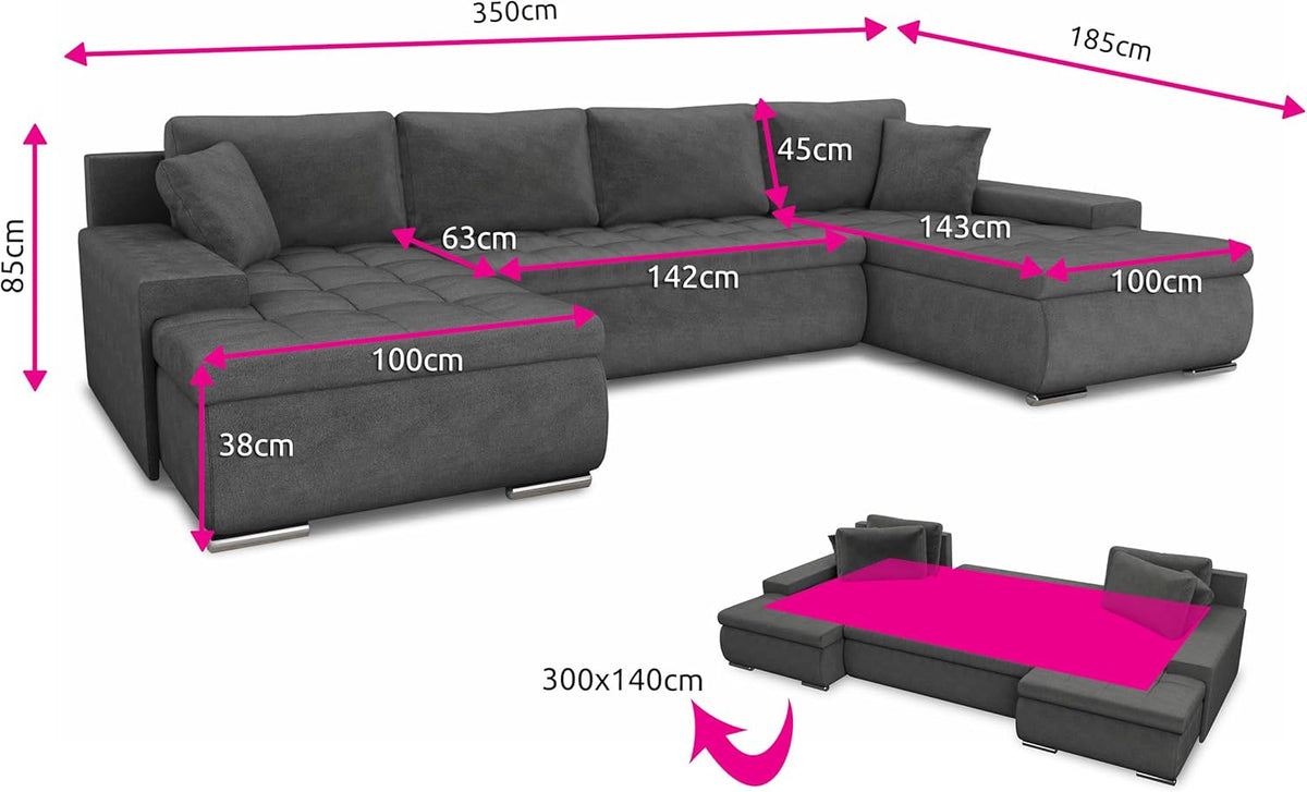 Sofnet conjunto de sofá en forma de U Faris con función de dormir - sofá, sofá cama con arcón, conjunto de sofá con función cama, sofá grande, sofá cama (negro + grafito (Madryt 1100 + Inari 94))
