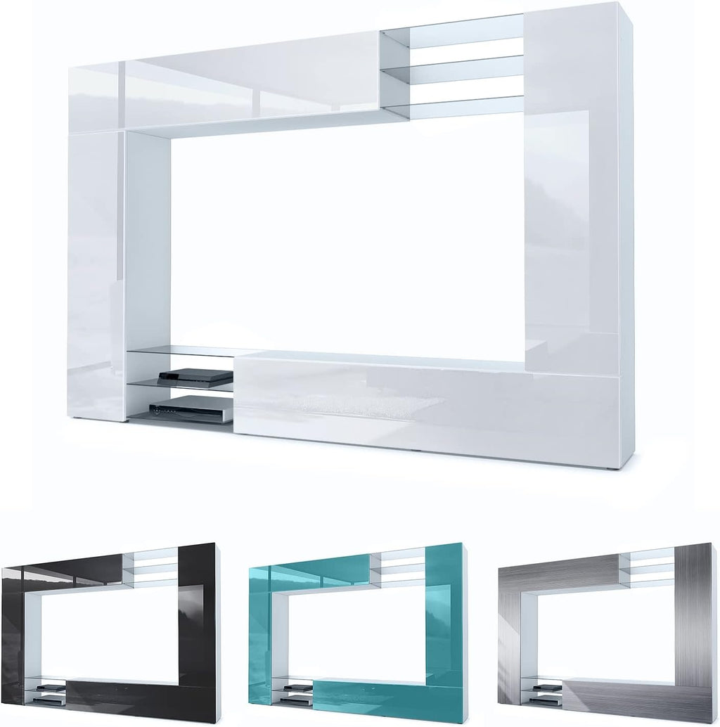 Mueble de salón Vladon Mirage, fabricado en Alemania, mueble mural con panel trasero, 2 puertas, 2 puertas abatibles y 6 estantes de cristal abiertos, blanco mate/crema de alto brillo (262 x 183 x 39 cm)