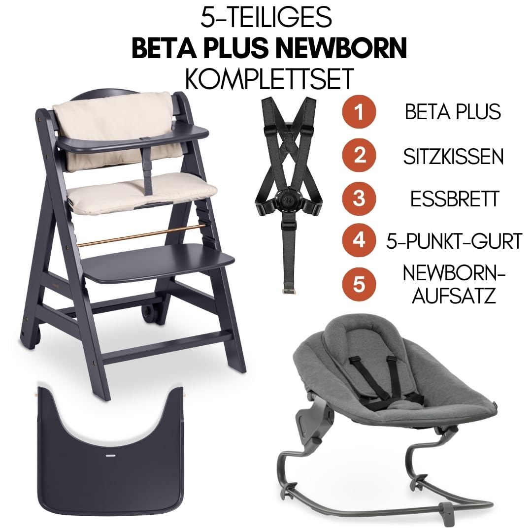 hauck Trona Beta+ Newborn Set Premium Dark Grey - Set de trona para bebé desde el nacimiento con accesorio para recién nacido Bouncer, cojín de asiento y bandeja - Gris oscuro