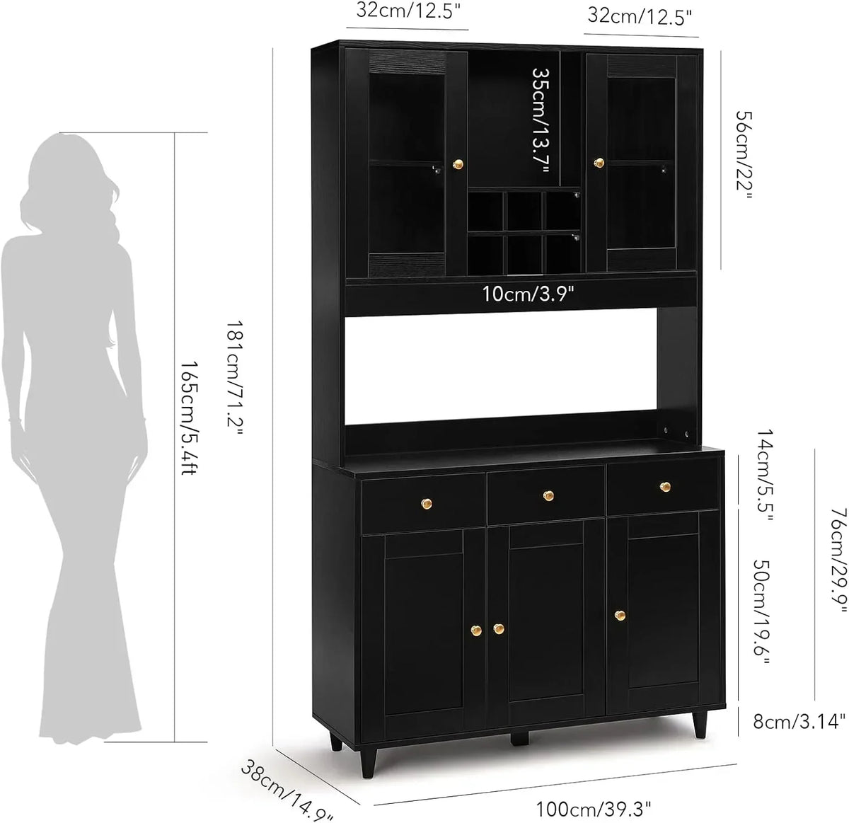 VOWNER Armario Aparador de Cocina/Buffet, 100L x 38An x 181Al cm, Mueble Auxiliar de Almacenaje, 5 Puertas y 5 Estantes Ajustables, Blanco