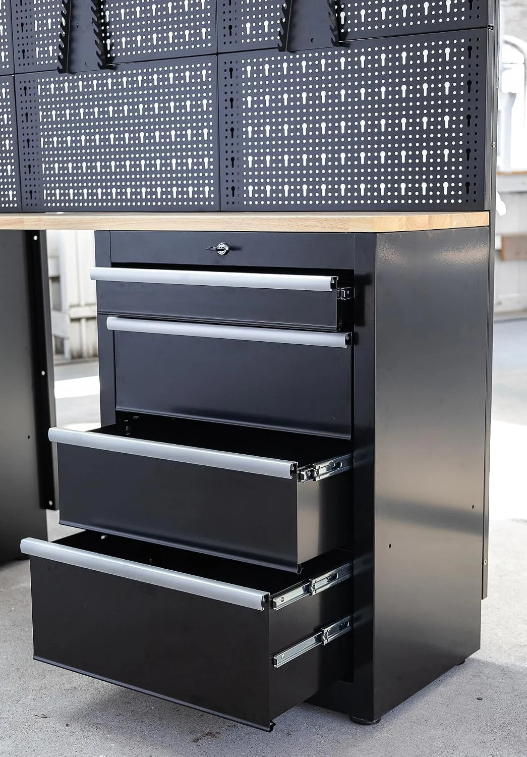 Ondis24 XL Kompletny Zestaw Warsztatowy 260 cm, wstępnie zmontowany, modułowy, kierunek warsztatowy z drewnianą płytą roboczą, szafy na narzędzia, stół warsztatowy z szufladami (9-częściowy)