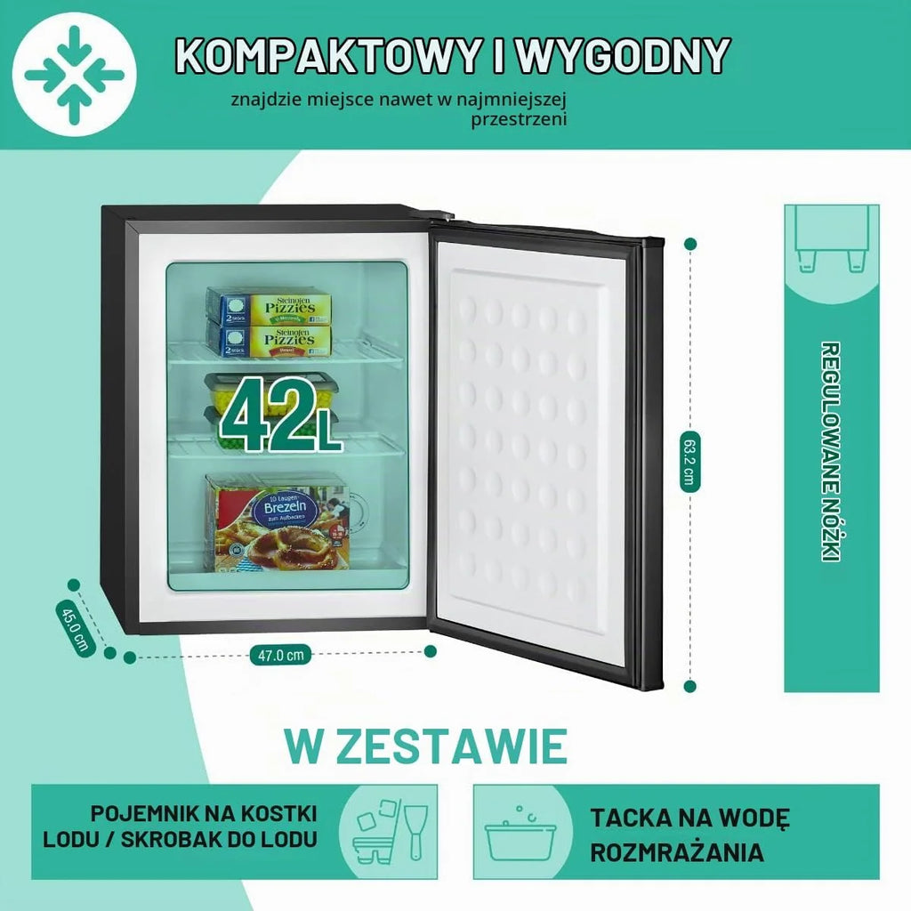 Mała zamrażarka Bomann o pojemności użytkowej 42 l, mini zamrażarka z 2 wyjmowanymi półkami drucianymi, zamrażarka z odwracalnym zawiasem drzwi i bezstopniową regulacją temperatury