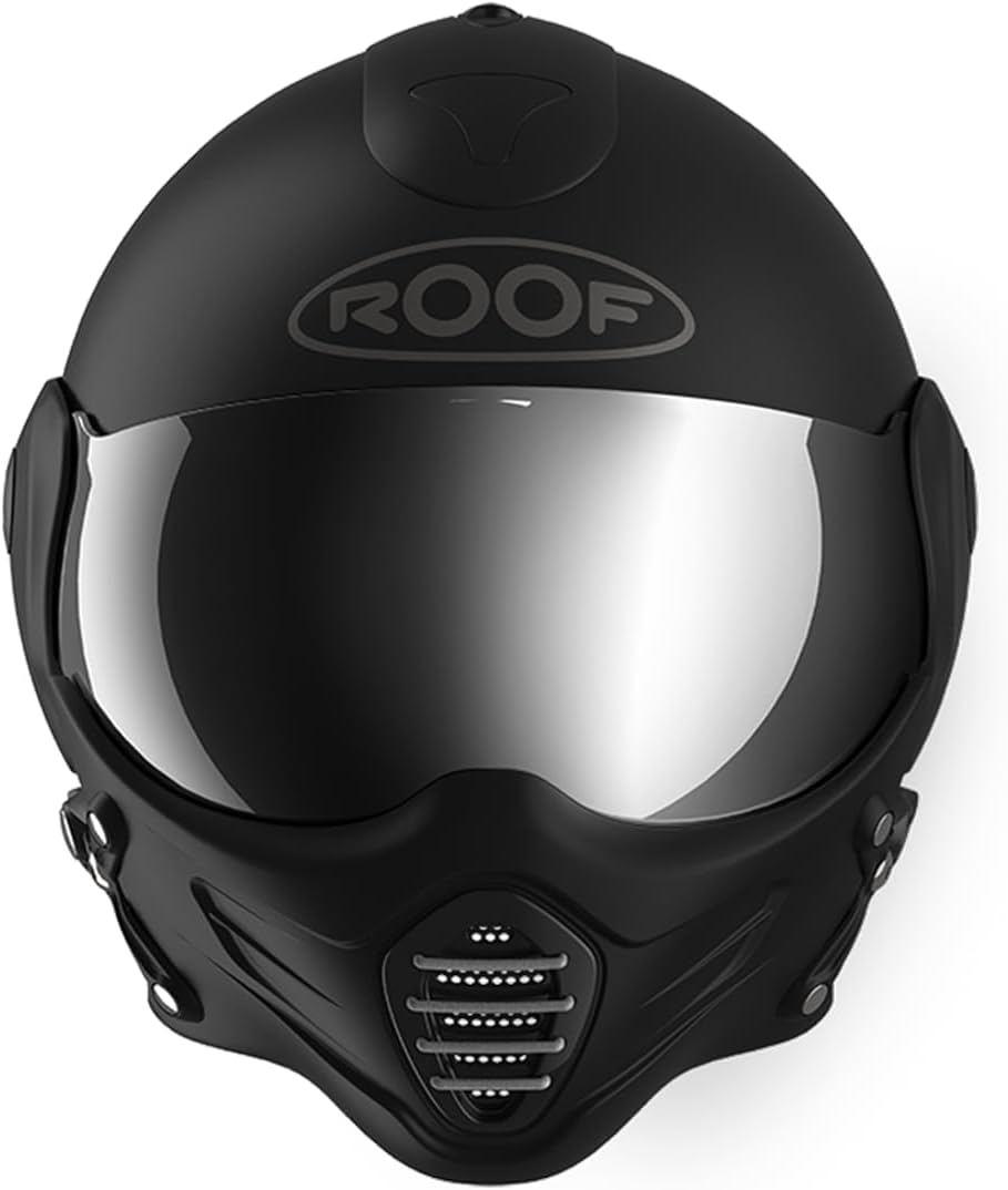 Casco de moto tipo jet de alta gama ROOF Roadster de fibra de vidrio con mentonera magnética extraíble, pantalla iridio incluida – Color Iron negro mate/plata – Oferta directa de fábrica – Garantía de 4 años