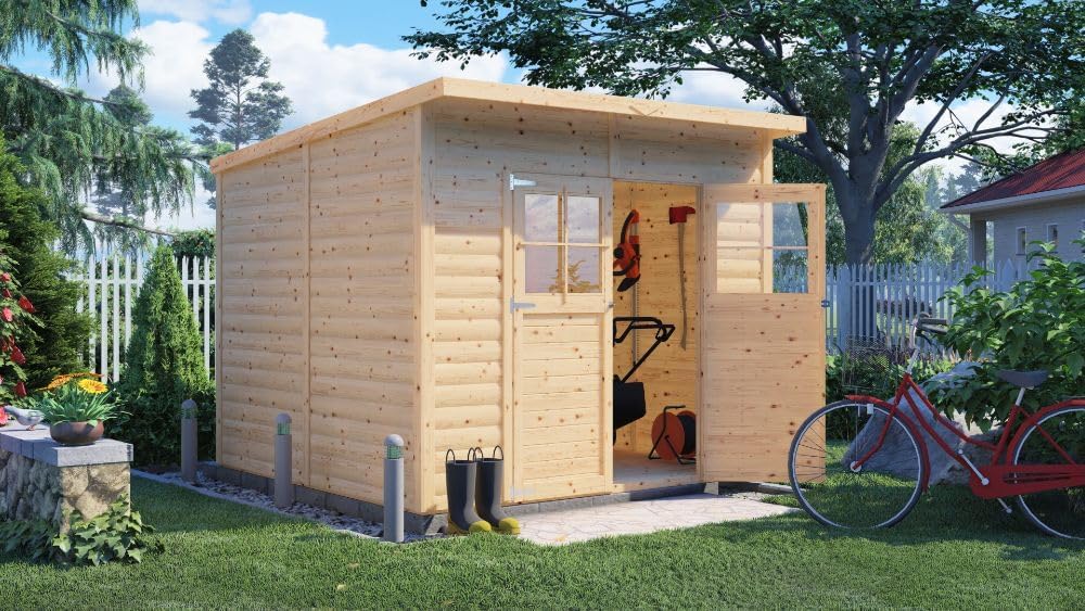Caseta de jardín Alster, cobertizo de madera para herramientas, 251x254x210 cm, techo inclinado, incl. suelo, cobertizo de almacenamiento para jardín, cobertizo para bicicletas, 6m², pared de 19mm, acabado natural