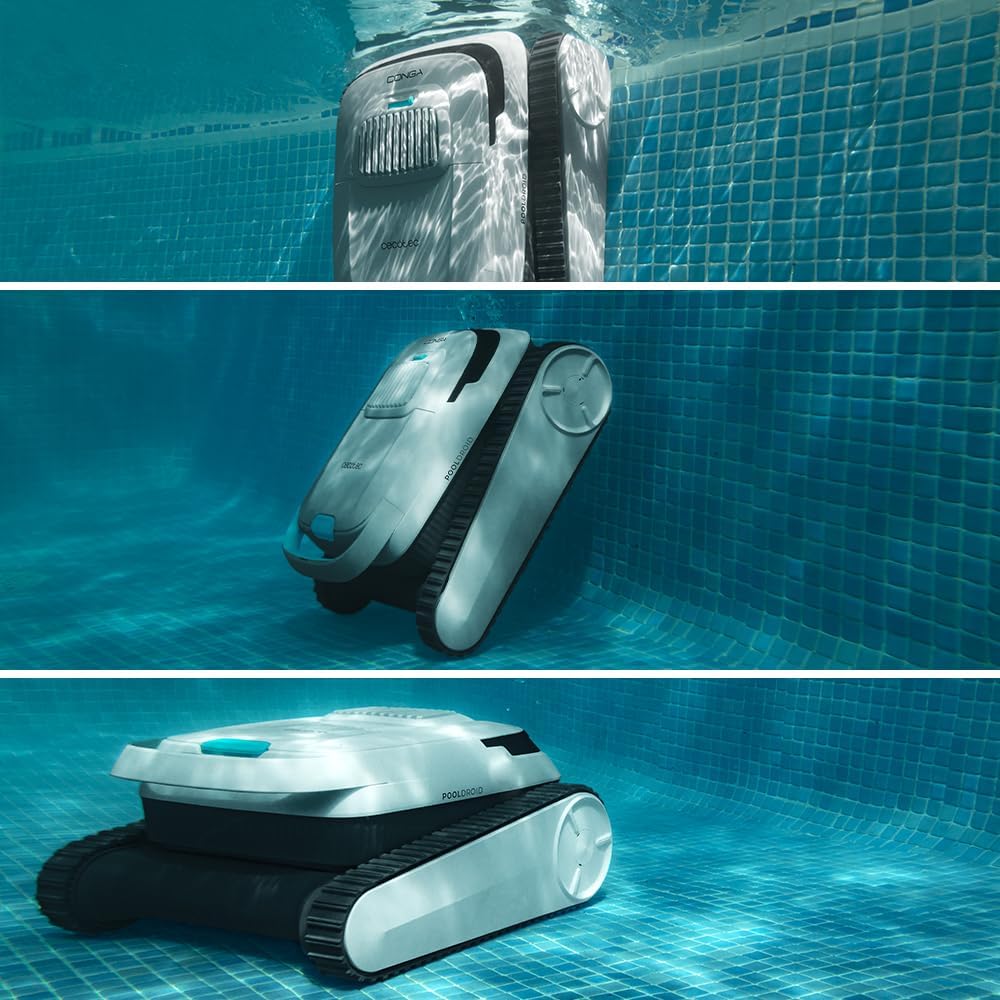 Robot limpiafondos Cecotec para suelos, paredes y línea de flotación Conga Pooldroid 5000 TotalClean Pearl. Superficies 100m2, pendiente máx. 90º, limpieza ordenada, autonomía 100min, capacidad 4L