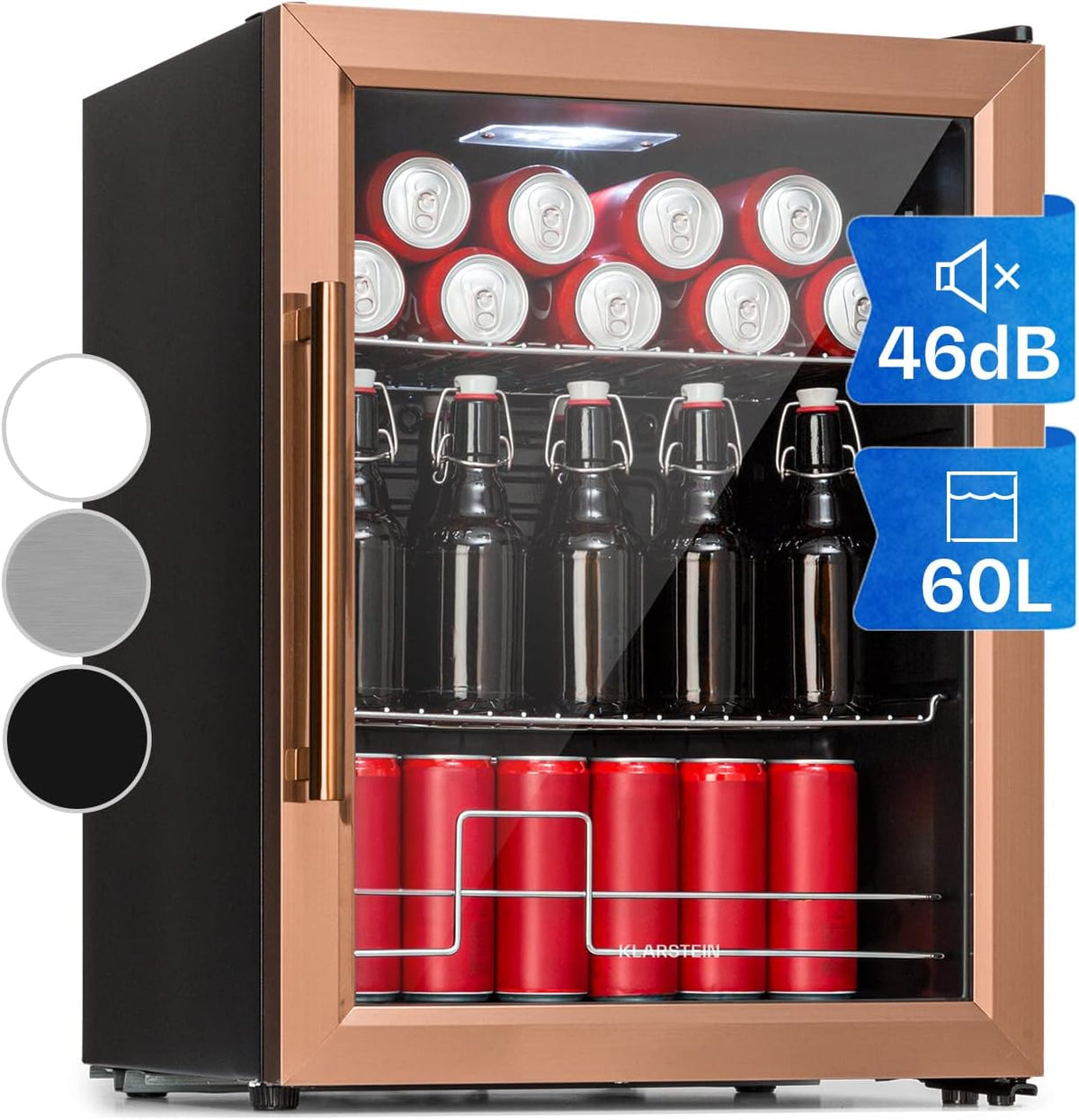 Mininevera KLARSTEIN de 60 L para bebidas y cerveza, frigorífico pequeño y silencioso, minibar interior/exterior, nevera pequeña para camping, almacenamiento de vinos, cosméticos, estantes ajustables, 3-10 °C