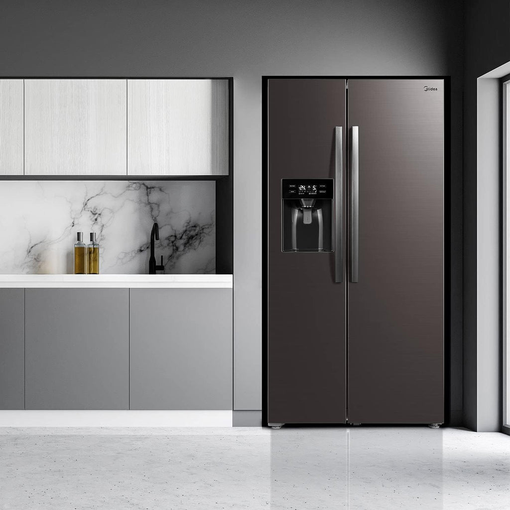 Midea KS-DDX 6.32 WT Frigorífico americano / 178,8 cm de altura / 254 kWh/año / No Frost / Compresor Dual Inverter / con dispensador de agua/hielo 3 en 1 y depósito de agua, Dark Inox