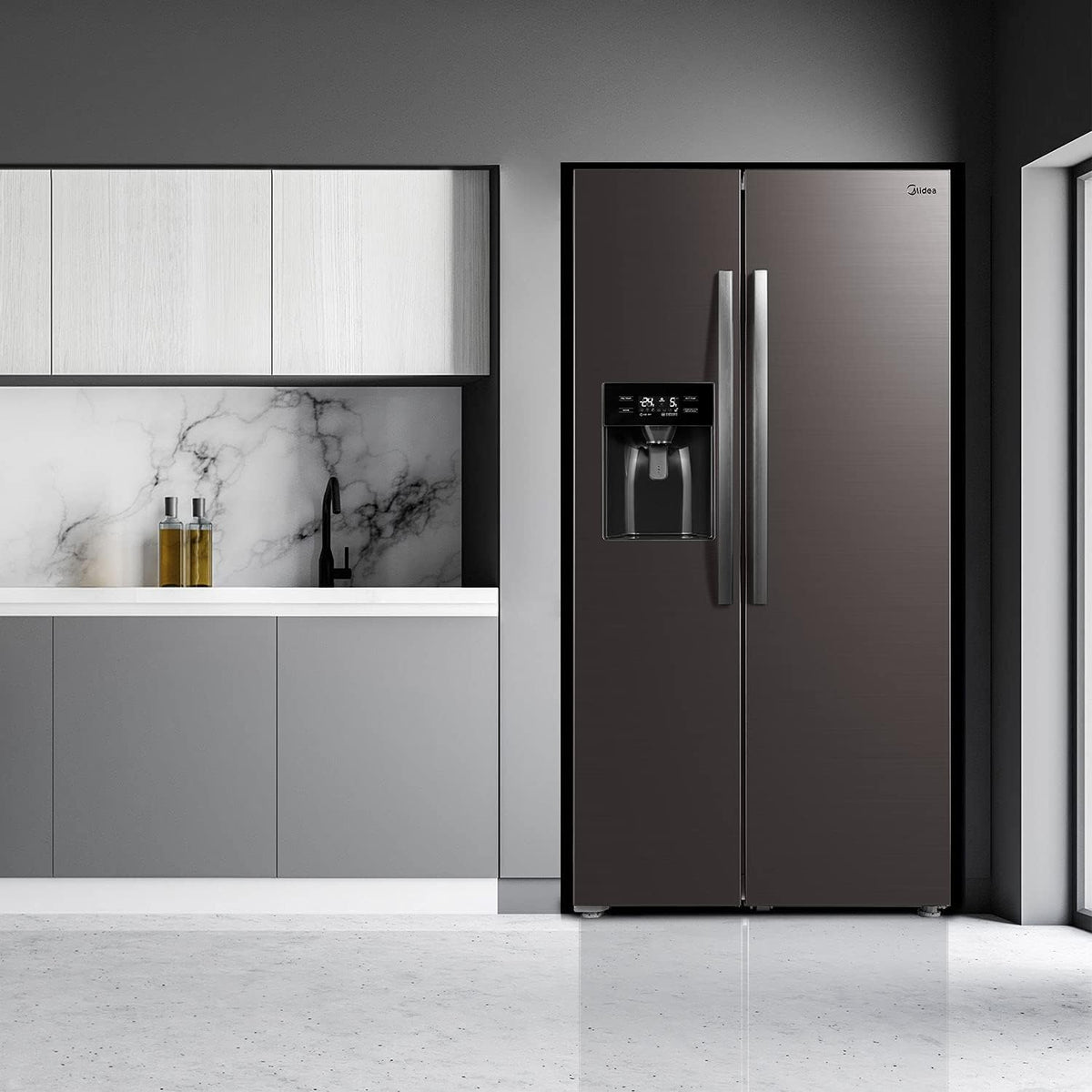 Midea KS-DDX 6.32 WT Frigorífico americano / 178,8 cm de altura / 254 kWh/año / No Frost / Compresor Dual Inverter / con dispensador de agua/hielo 3 en 1 y depósito de agua, Dark Inox